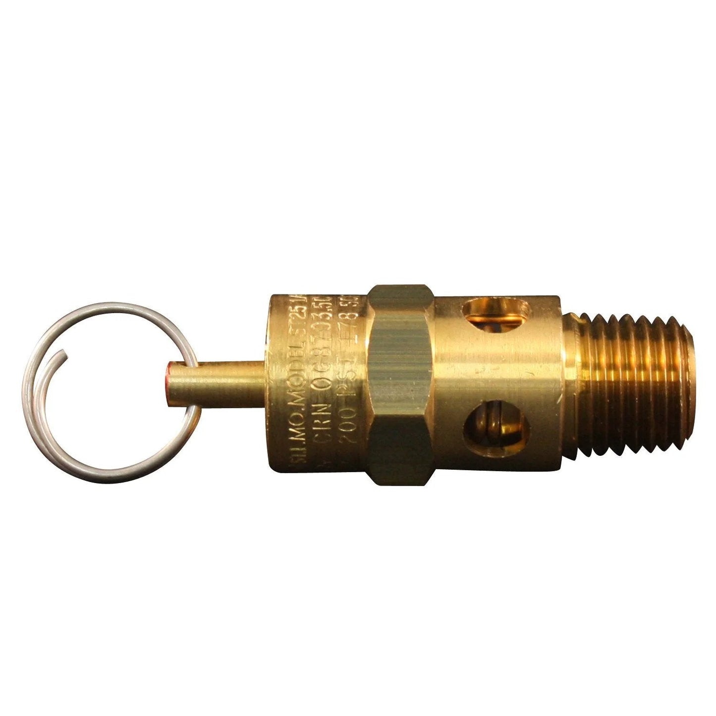 Side view of One Quarter Inch MNPT ASME Safety Valve With Two Hundred PSI Pop Off Pressure For Air Systems Bubble Tight To Ten Percent Of Pop Off Pressure 170 CFM Made In USA Milton S1090 200