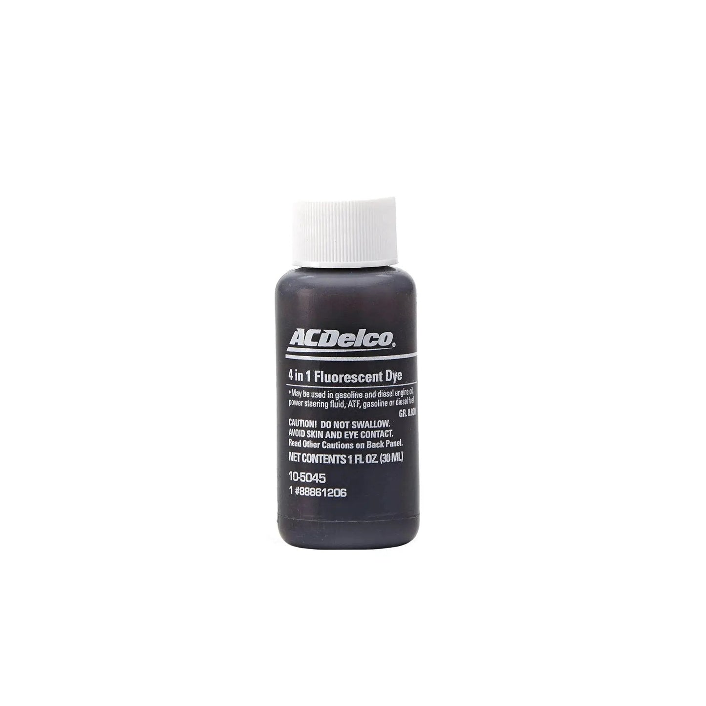 Front view of 1 oz bottle of Multi Purpose Fluorescent Leak Detection Dye by ACDelco GM Original Equipment with label visible.