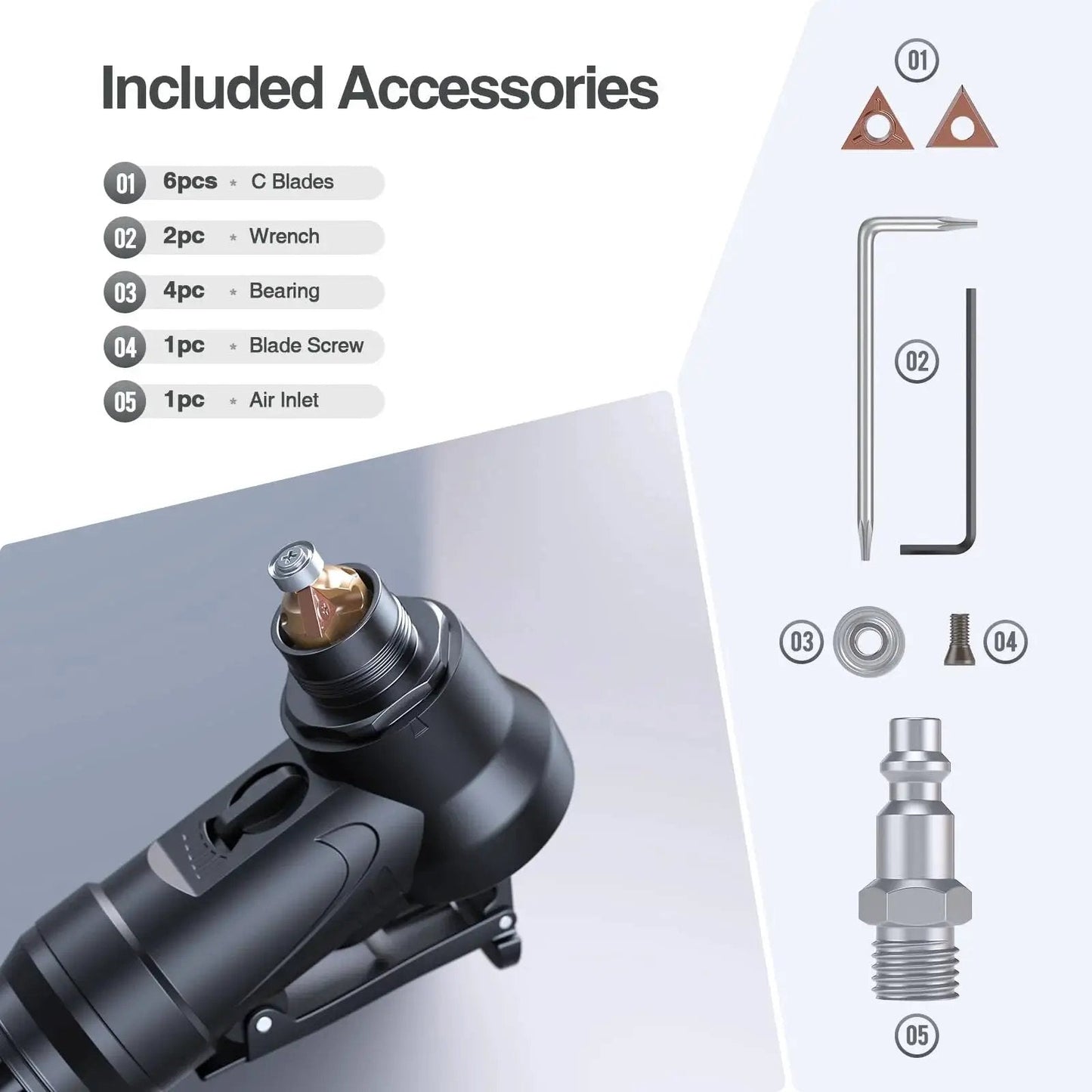 Mini Pneumatic Chamfering Machine For Metal Beveling Pro Grade Portable Deburring Tool with included accessories displayed