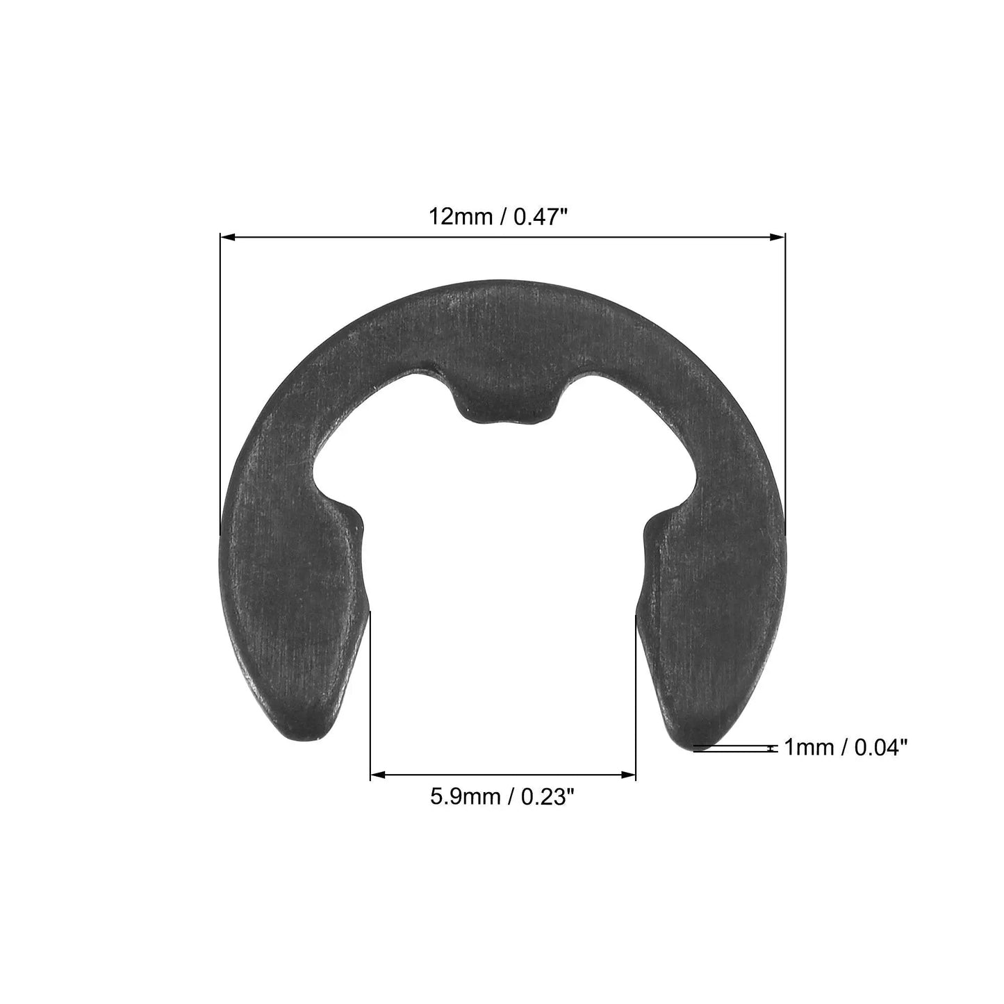 12mm External Retaining E Clip Circlip Snap Ring Set for Shafts and Mechanisms, Carbon Steel with Black Finish, dimensions shown