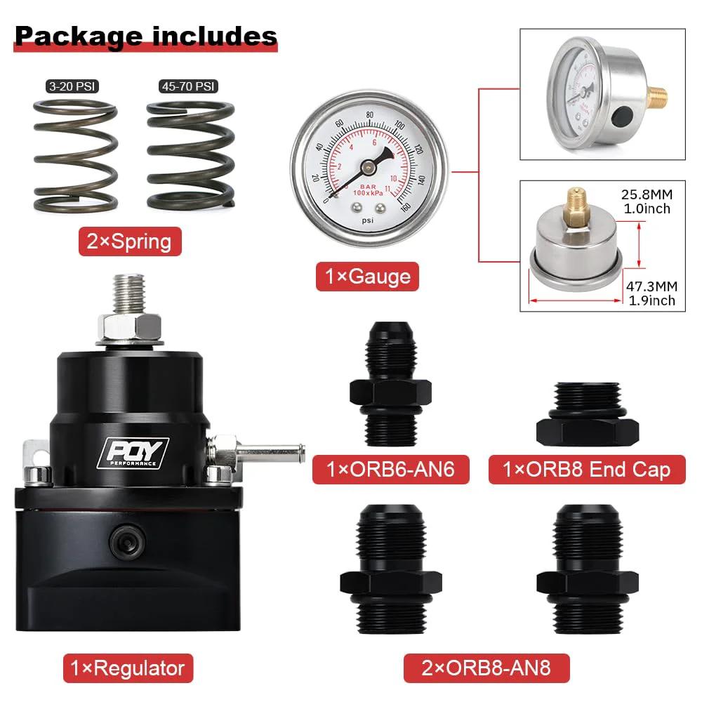 Adjustable EFI Fuel Pressure Regulator Kit Beefed-Up From 3 To 70 PSI With AN8 Feed Port And AN6 Return Port, Billet Aluminum