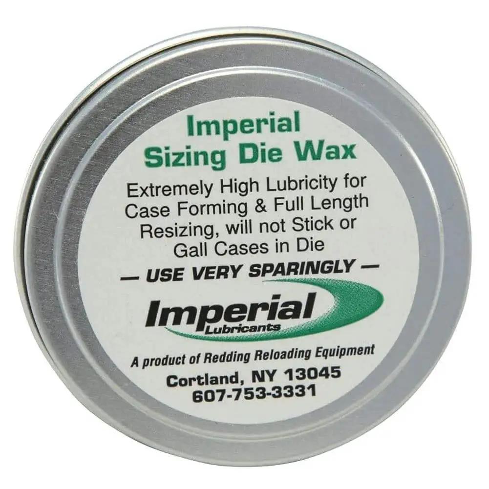 Top view of Imperial Sizing Die Wax Non Liquid Sizing Die Lubricant For Reloading That Helps Brass Cases Move Smoothly Through The Sizing Die Reducing Sticking And Galling 1 Oz Container Model 07500 From Redding Reloading Equipment in a silver tin.