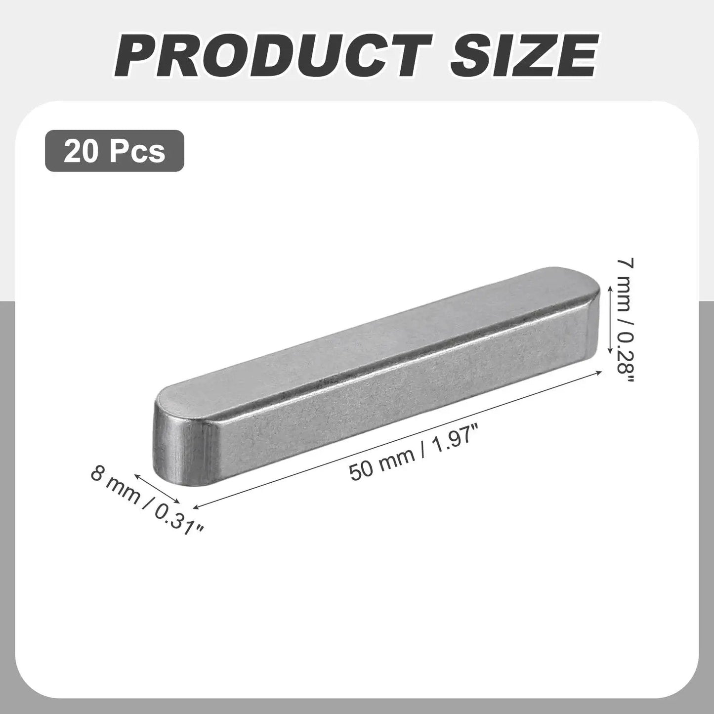 Round Ended Feather Keys Set, 20 Pcs, 50x8x7mm Stainless Steel Drive Shaft Keys, product size dimensions shown