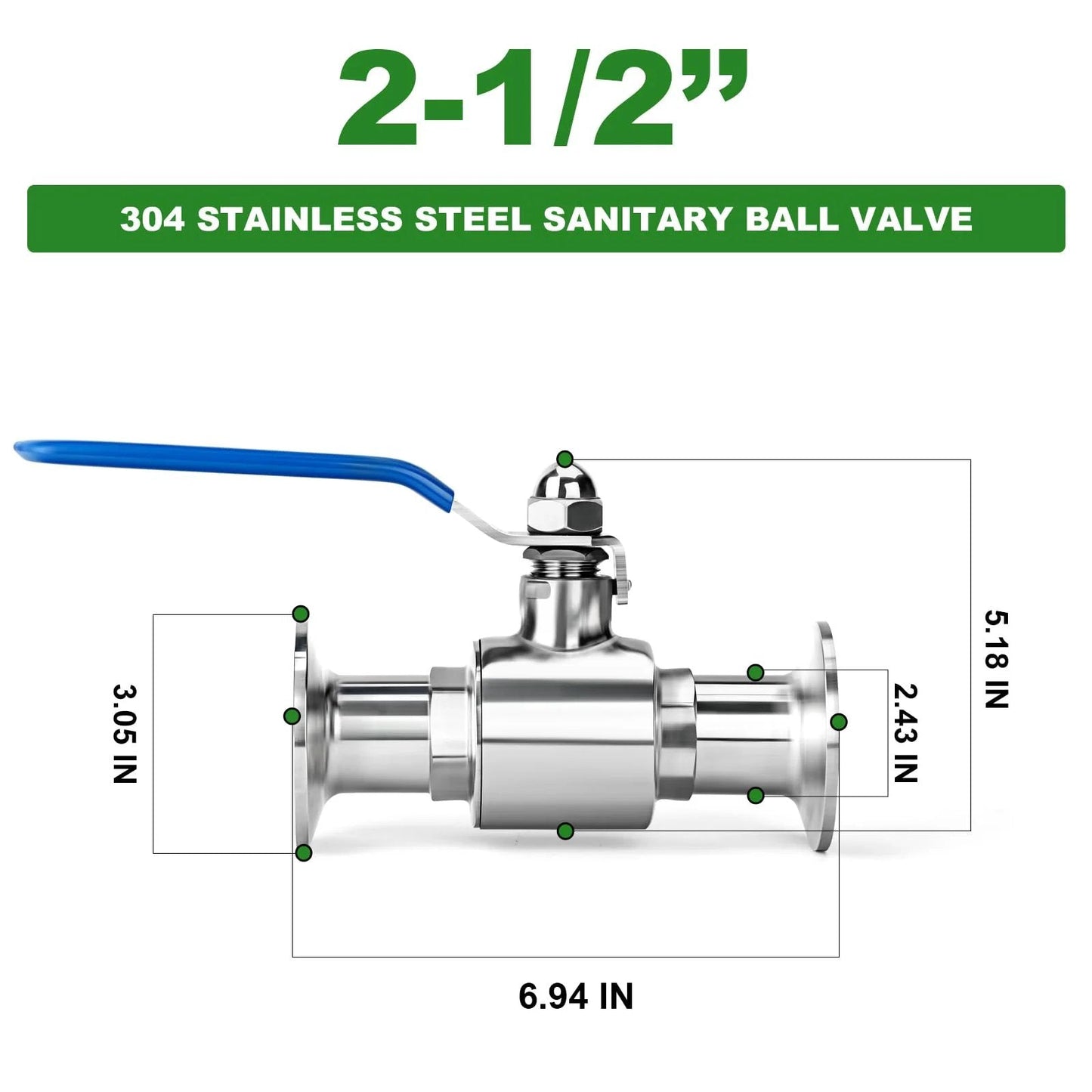 2.5 Inch Tube OD Sanitary Ball Valve Kit 304 Stainless Steel Tri Clamp 77.5mm Ferrule Flange for Industry Pipe Connections
