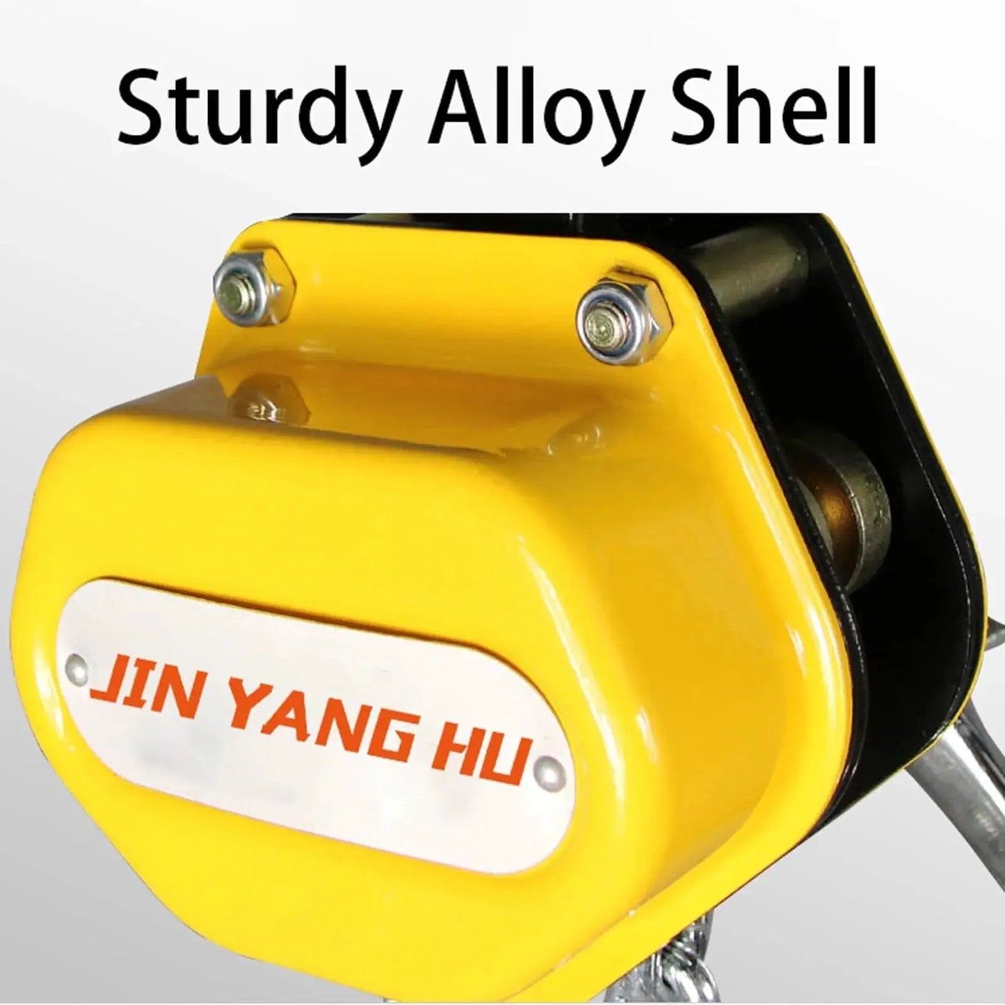 Close-up of the sturdy alloy shell of a Manual Lever Chain Hoist One Quarter Ton 20 Ft Come Along With G80 Chain.