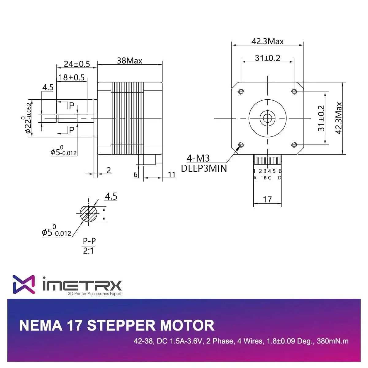 Technical drawing of 5 Pack Nema 17 Stepper Motors 42x40mm For 3D Printers And CNC Extruders With 39.3 Inch Cable