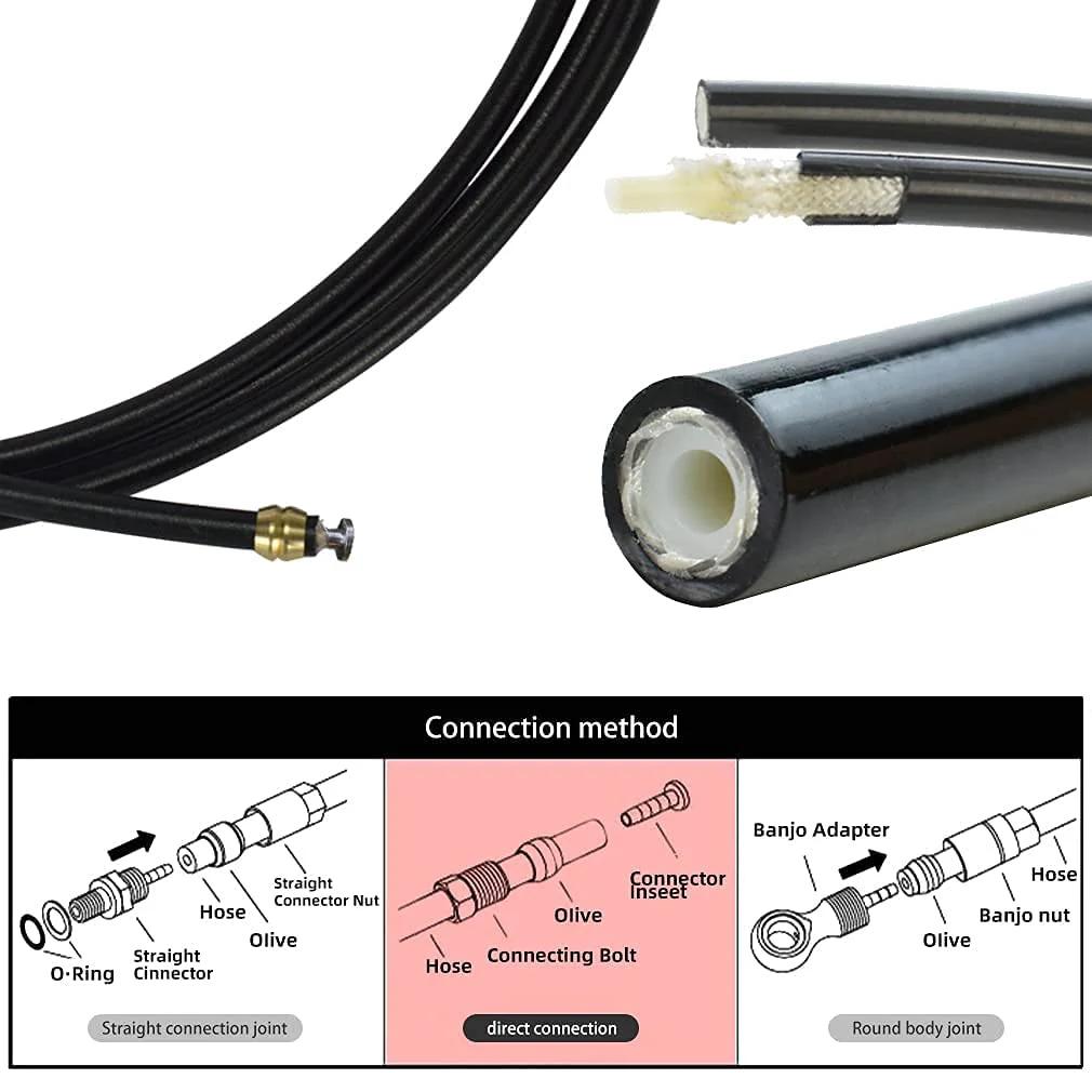 Hydraulic Brake Hose Kit 2500mm For Shimano BH59 BH90 And SRAM Avid System With 8 Brass Olives And 8 Brass Connecting Inserts Black By CYSKY Durable And Temperature Resistant For Long Lasting Performance, showing connection diagram and close-up of hose and connectors.