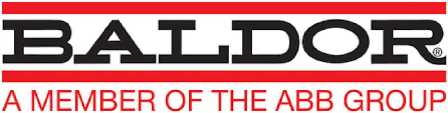 Baldor logo, a member of the ABB group, text in black and red.