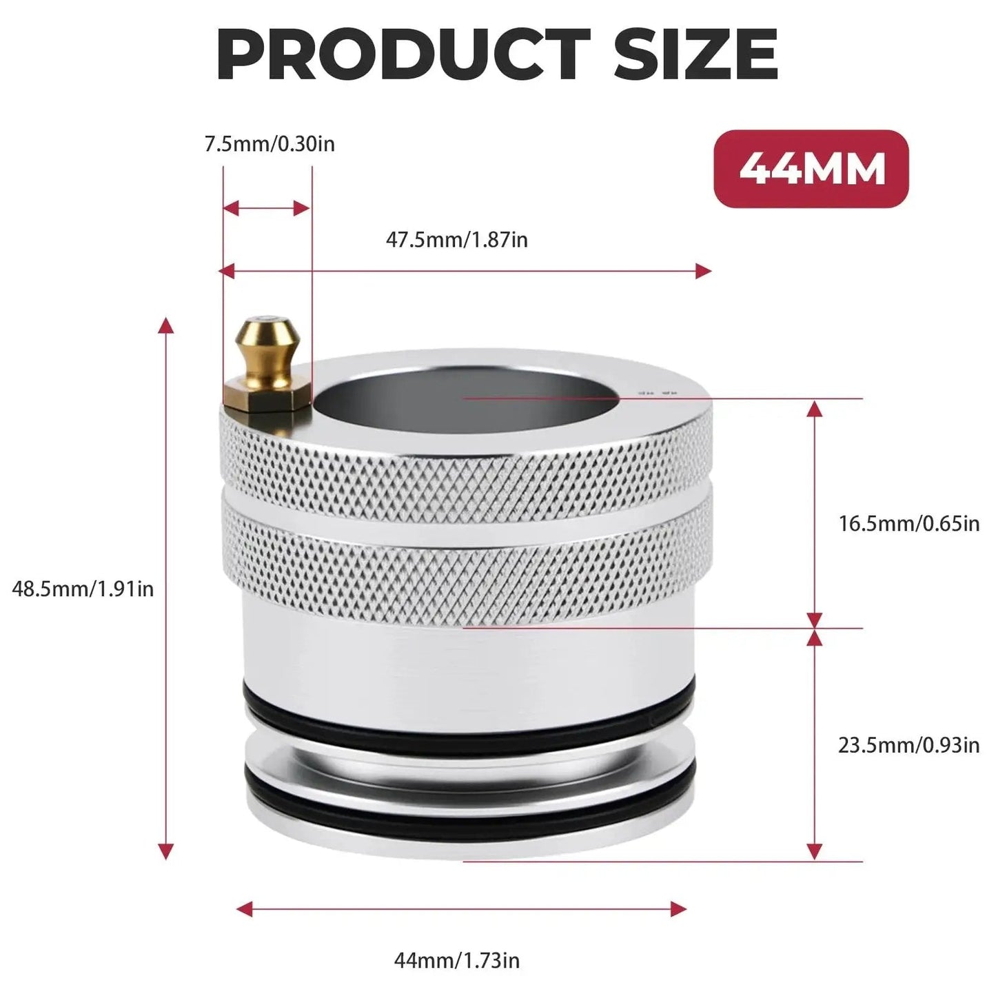 Diagram of 44mm Front And Rear Wheel Bearing Greaser Kit Aluminum UTV Tool Kit For Polaris Models with measurements.
