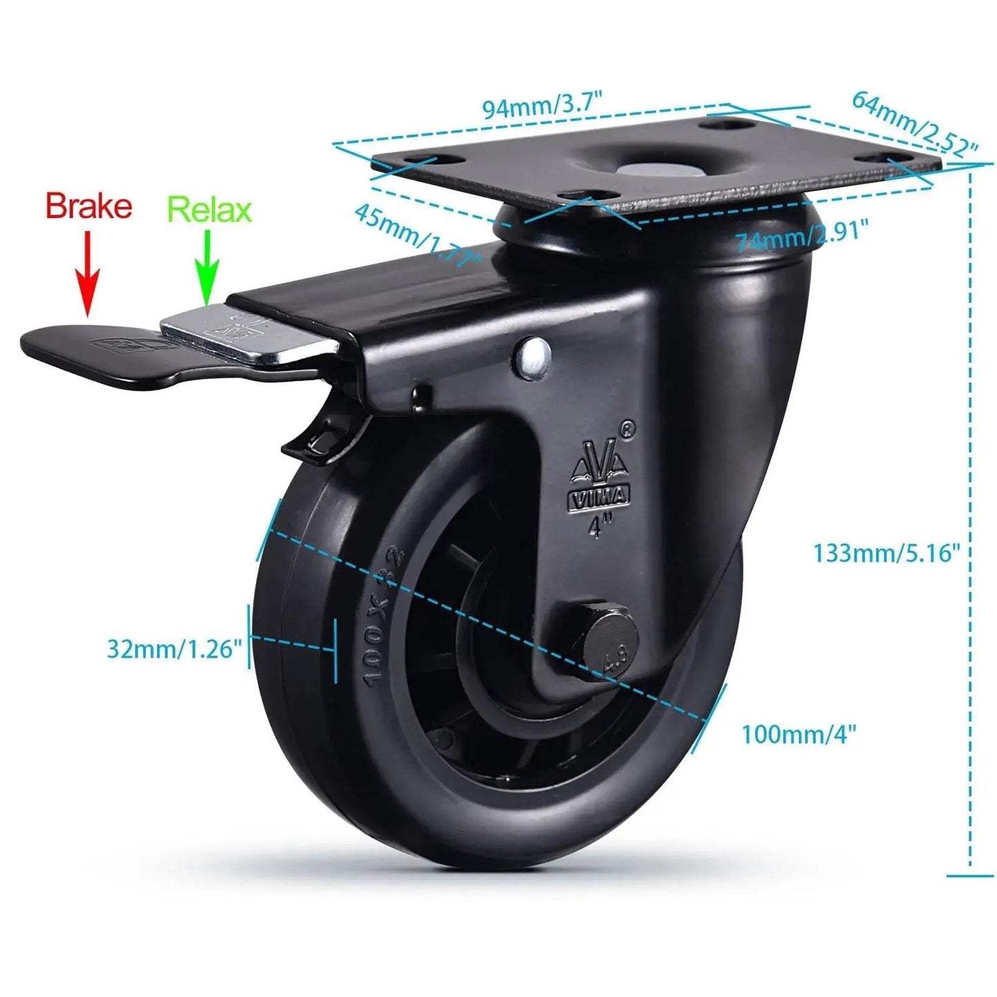 Beefy Heavy Duty 4 Inch Caster Wheels Set of 4 with Brakes Black Swivel Casters 2200 Lbs Load Capacity dual locking brakes close-up