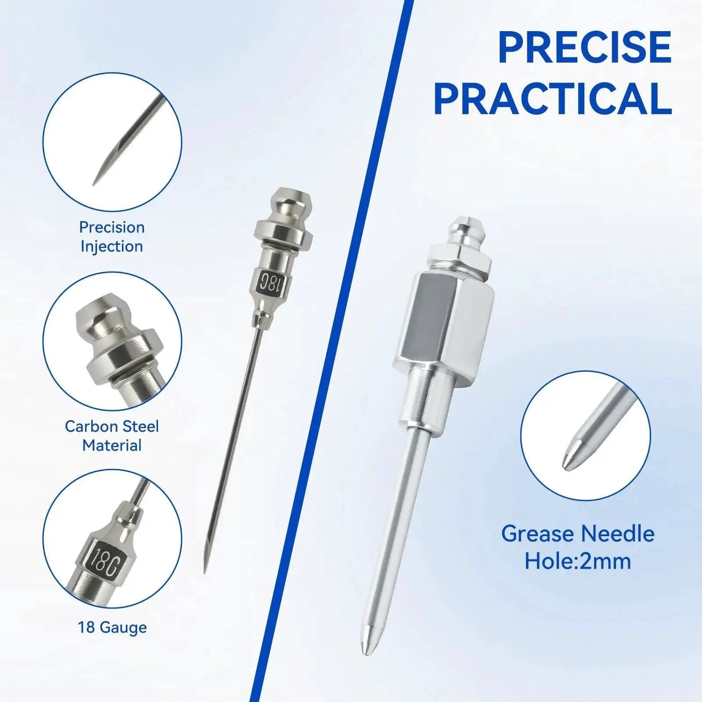 Close-up of precision grease needle, carbon steel material, 18 gauge, with focus on injection tip for Grease Gun Accessory Kit with 12 Inch Hose.