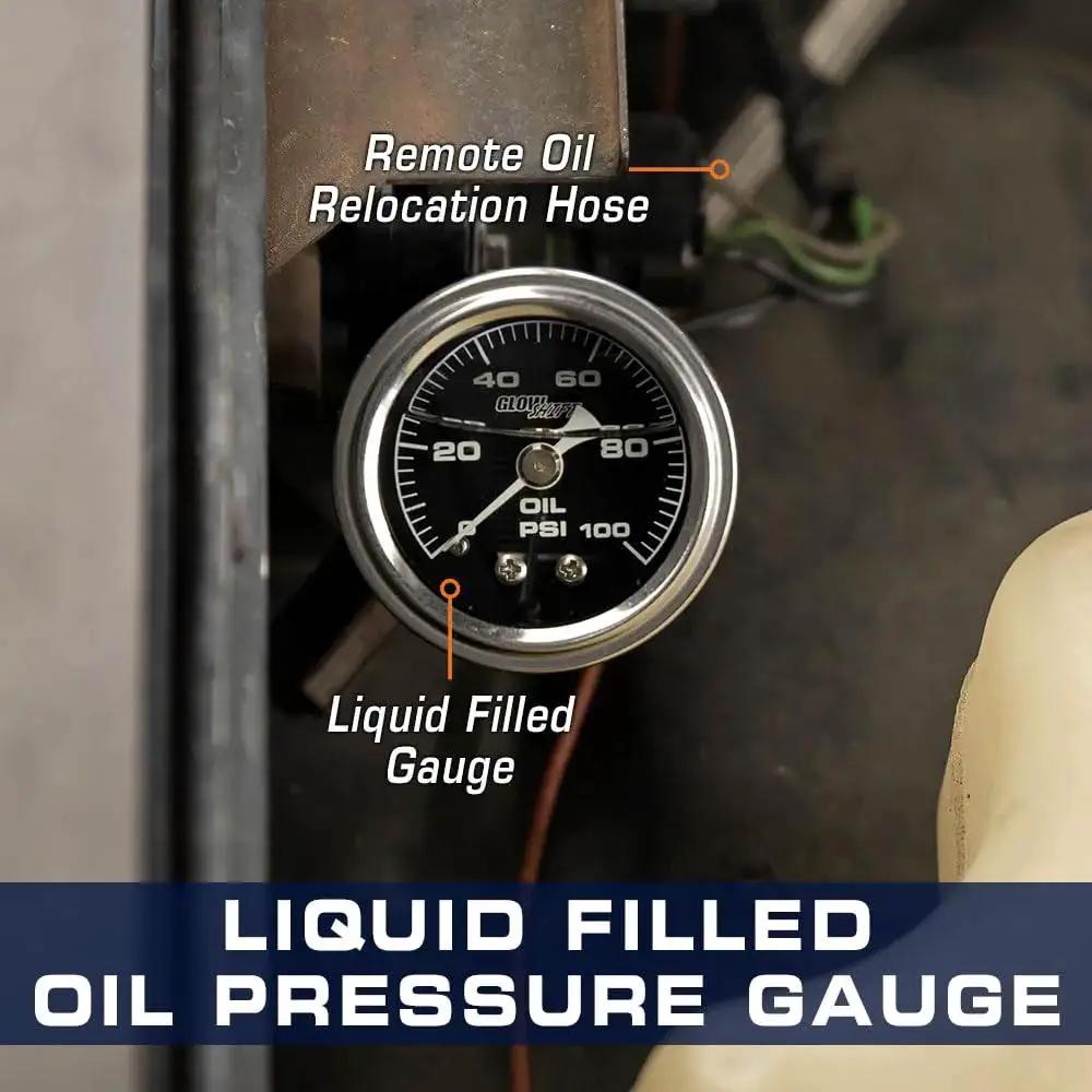 Liquid Filled Mechanical Oil Pressure Gauge 0 To 100 Psi With 1-1/2 Inch Black Dial White Needle Clear Lens in engine bay
