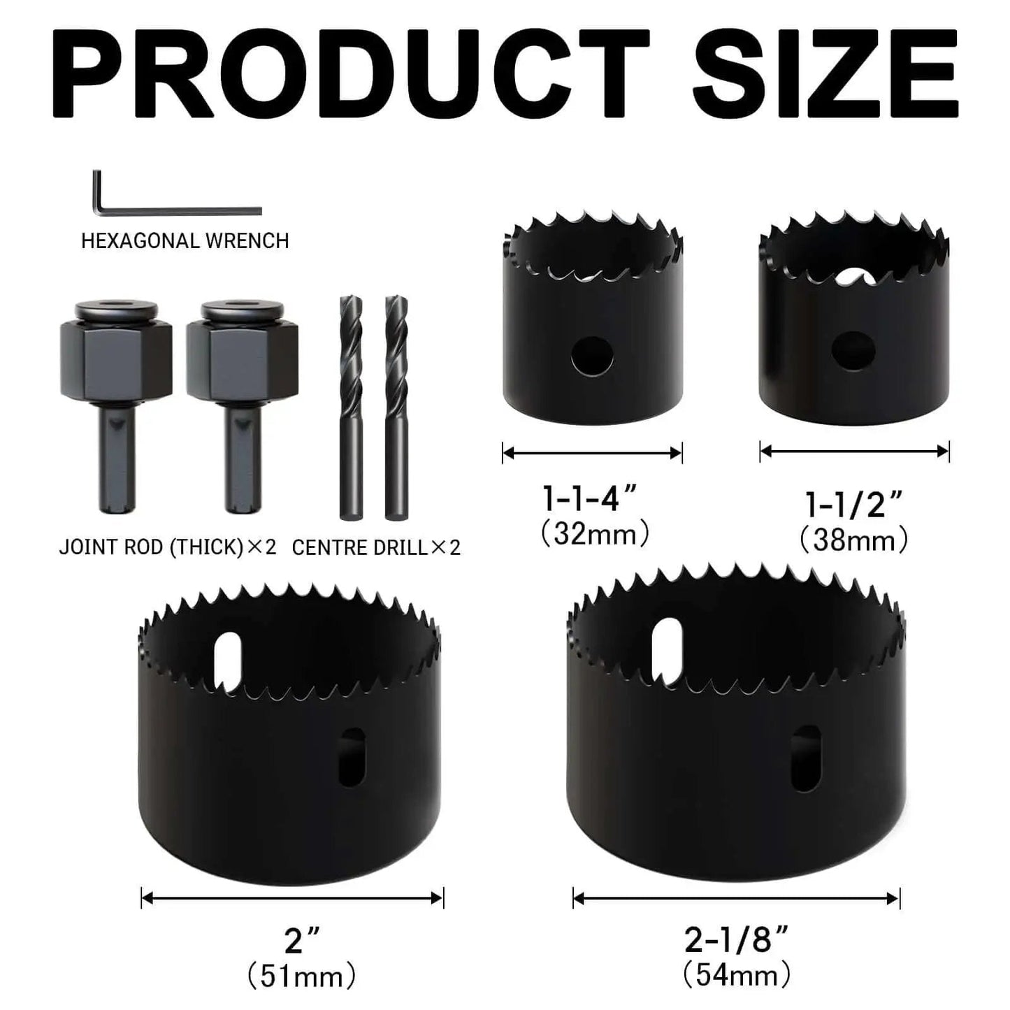 9 Piece Hole Saw Kit With Mandrel And Accessories For Soft Wood PVC Board And Home Projects Includes One And One Quarter Inch One And A Half Inch Two Inch And Two And One Eighth Inch Sizes Plus Hex Key Pilot Drills And Arbors For Precise DIY Drilling diagram showing hole saw sizes.