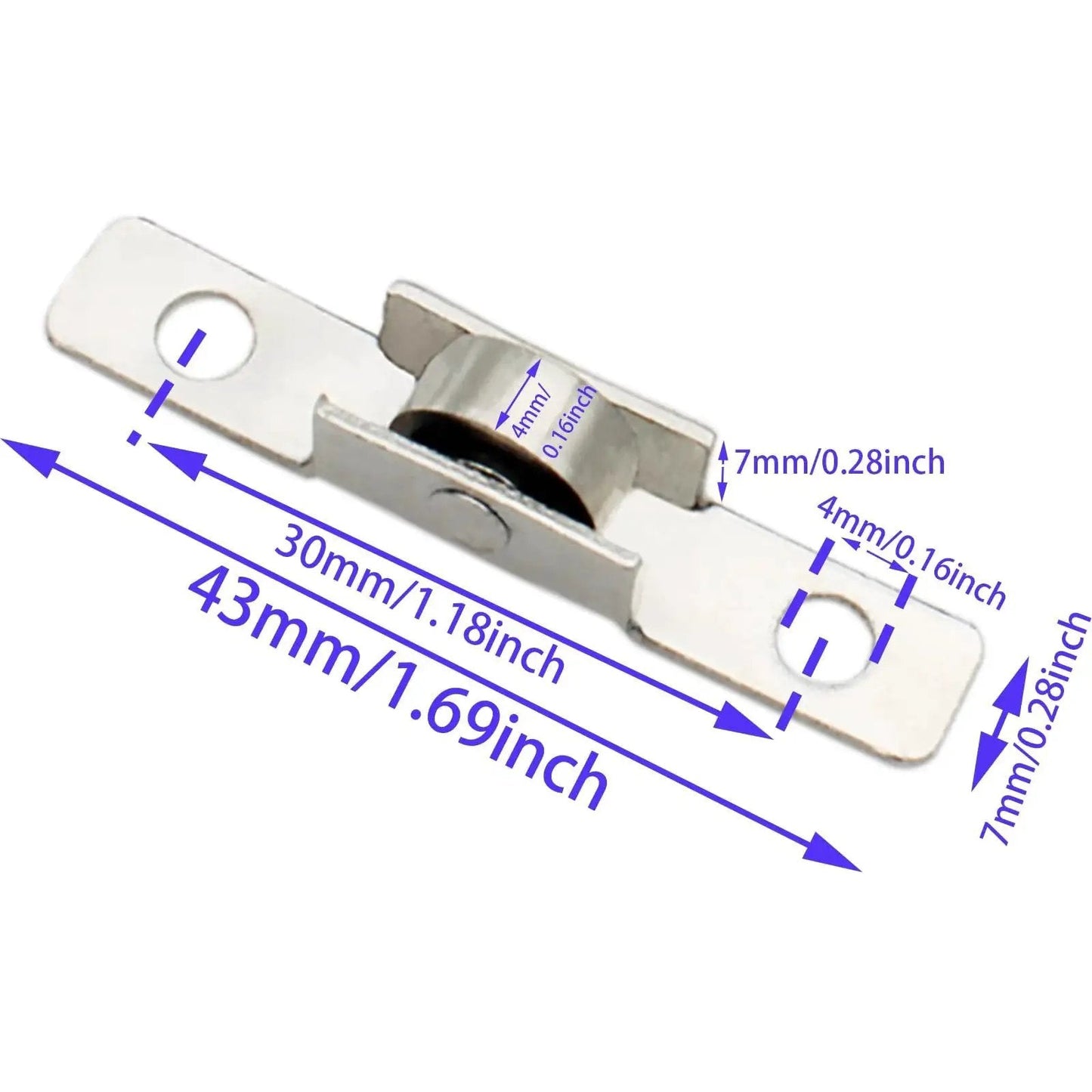 Eight Piece Sliding Window Roller Wheel Set Silver Metal Wheels For Windows And Cabinets Durable Metal Construction With 4mm Hole Diameter And 30mm Center Spacing Easy Installation With Screws Ideal Replacement Hardware, showing single metal wheel with measurements