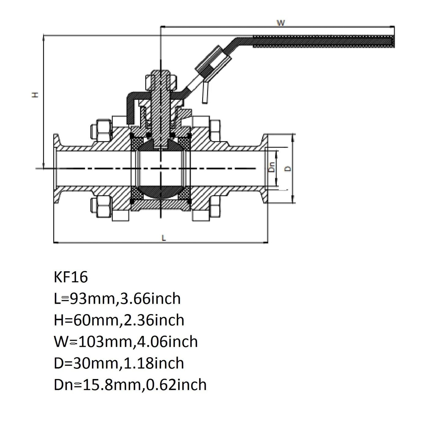 Technical drawing of KF-16 Vacuum Ball Valve Clamp Valve in Stainless Steel 304 with dimensions for Tri Clamp Systems.