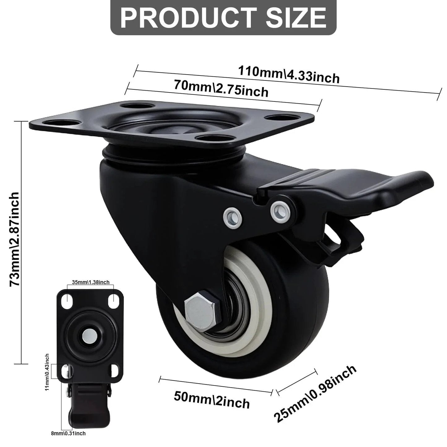 2 Inch Wheel Casters Set Of 4 Heavy Duty Locking Polyurethane Wheels With Brakes No Noise 360 Degree Swivel for Furniture, side view measurements