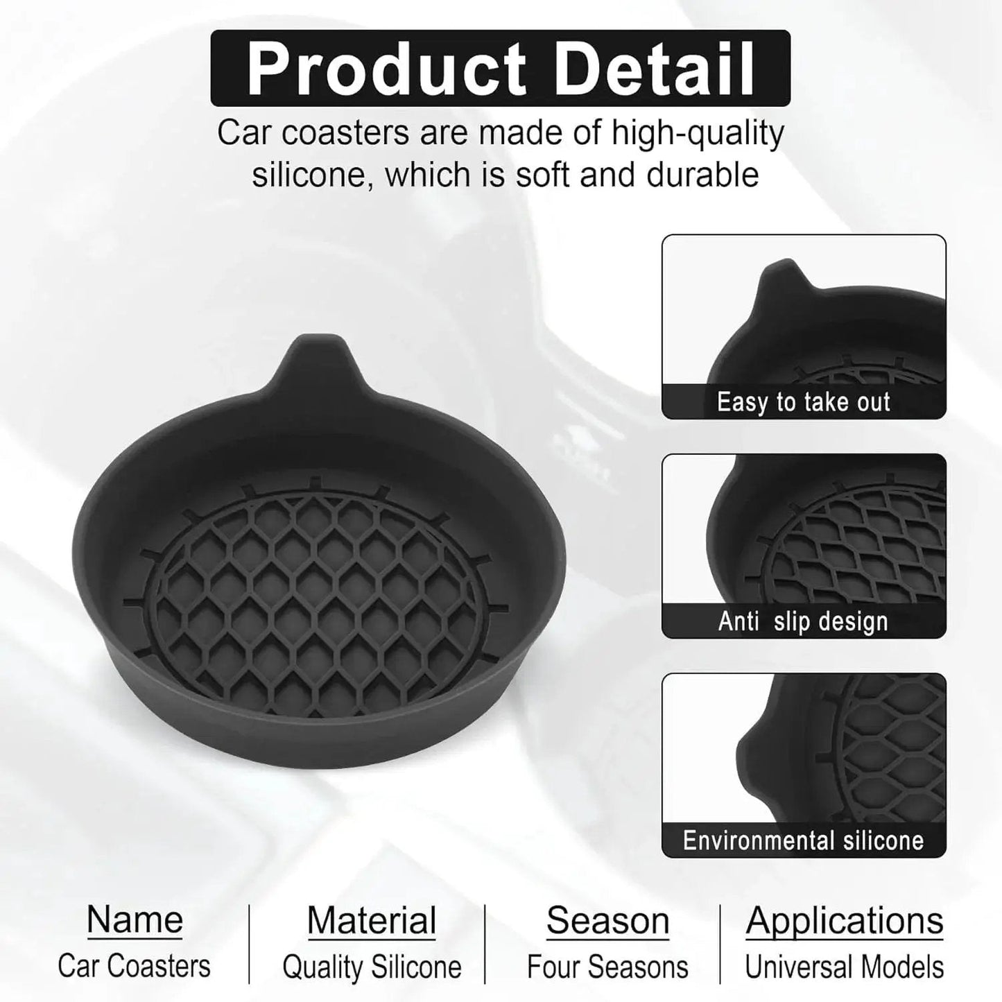 Silicone Car Cup Holder Coasters Set Of Four Universal Non Slip Inserts with details on material and design features.