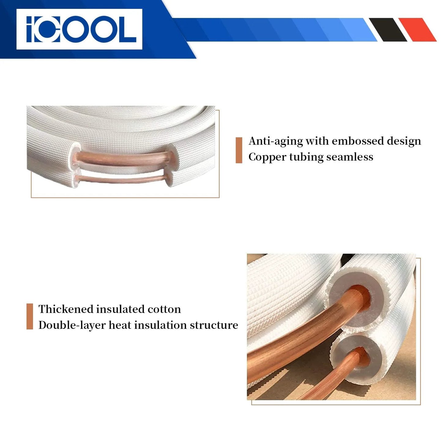 Close-up of Fifty Foot Mini Split Line Set With Twin Copper Tubes One Quarter Inch and Three Eighth Inch Outside Diameter, thickened polyethylene insulated coil copper line with nuts for air conditioner HVAC refrigeration and heating without fittings.