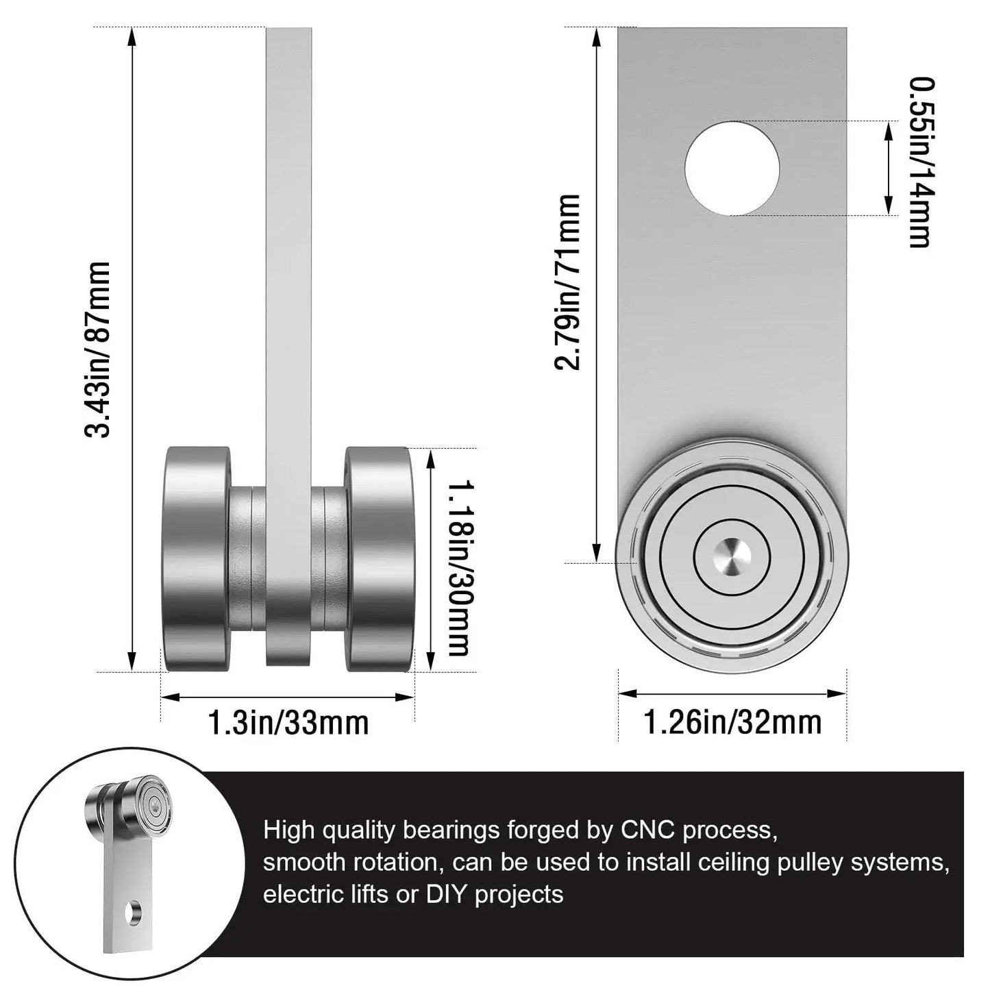 Diagram of two-wheel trolley assembly rollers with dimensions, for 1-5/8 inch strut channel, garage hoist system compatibility, silver finish.