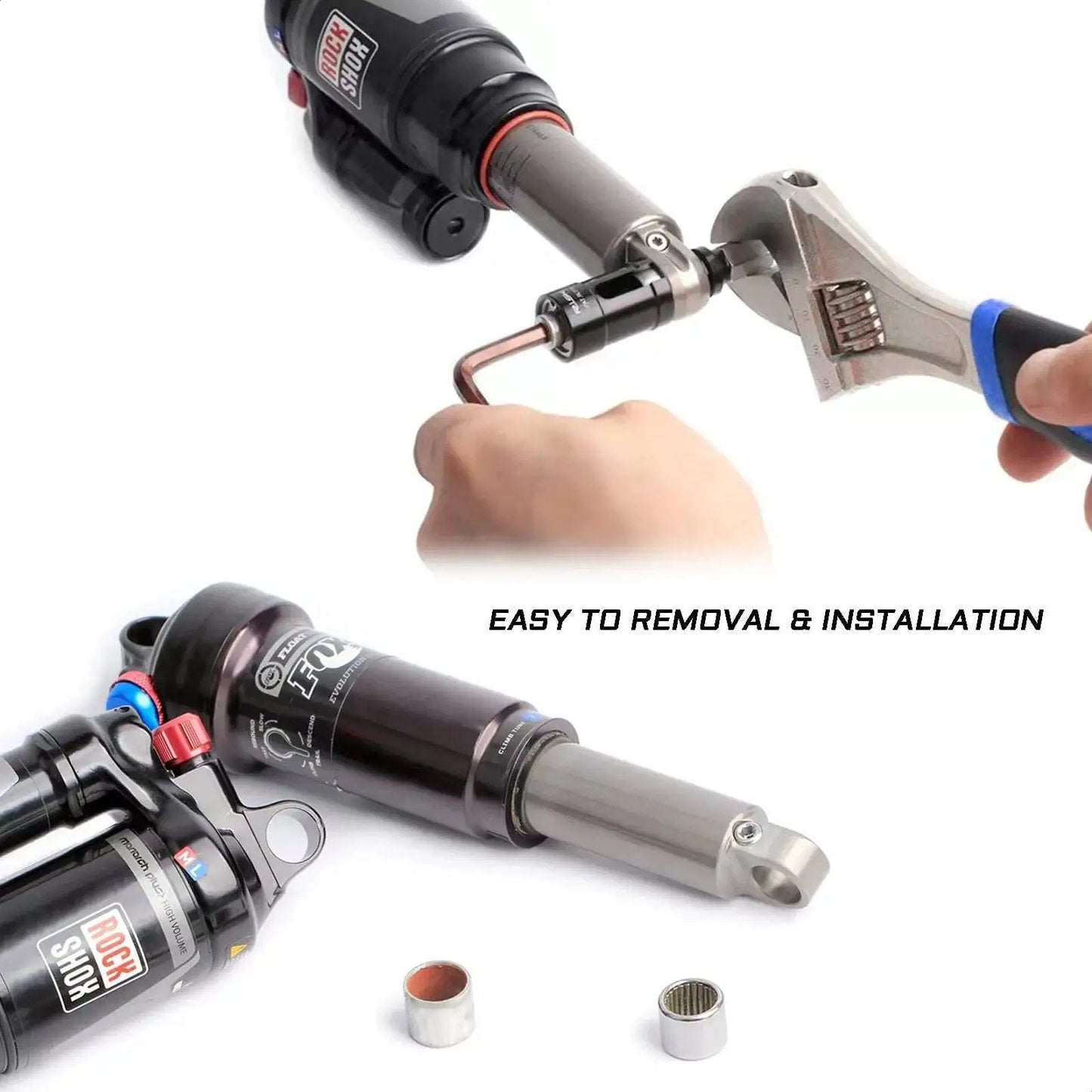 Rear Shock Eyelet Bushing Removal And Installation Tool for RockShox and Fox Suspension with wrench and shock components shown