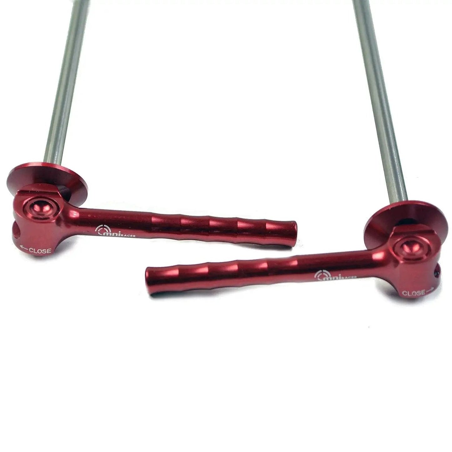 World's Lightest Quick Release Wheel Skewer Set in Red by OMNI, 40.8 Grams Per Set, CNC aluminum lever arms visible