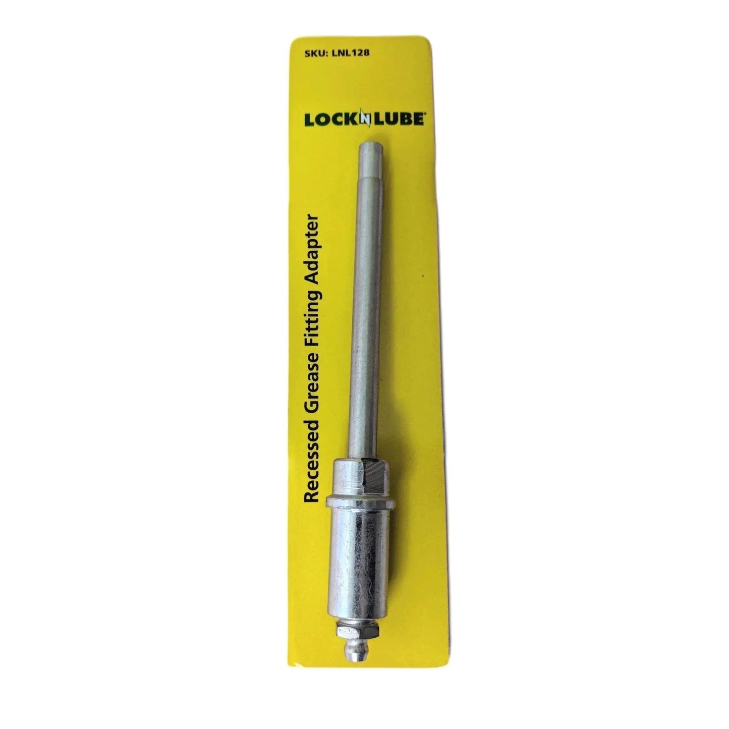 Recessed Fitting Adapter With Six Inch Reach For Deeply Recessed Grease Fittings, Cup Shaped End For Clean Seating on yellow card