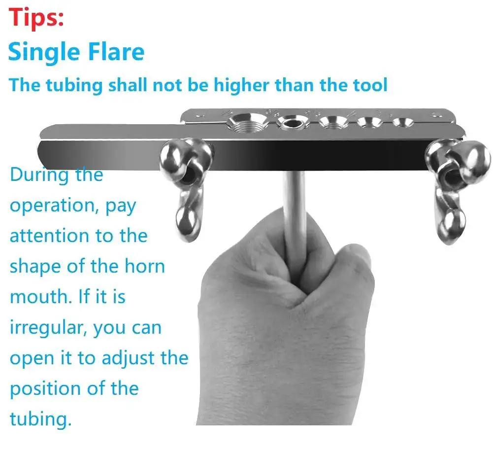 Instructional image showing Brake Line Flare Kit For Copper And Aluminum Tubing Dual 3/16 To 1/2 Inch in use for single flare.