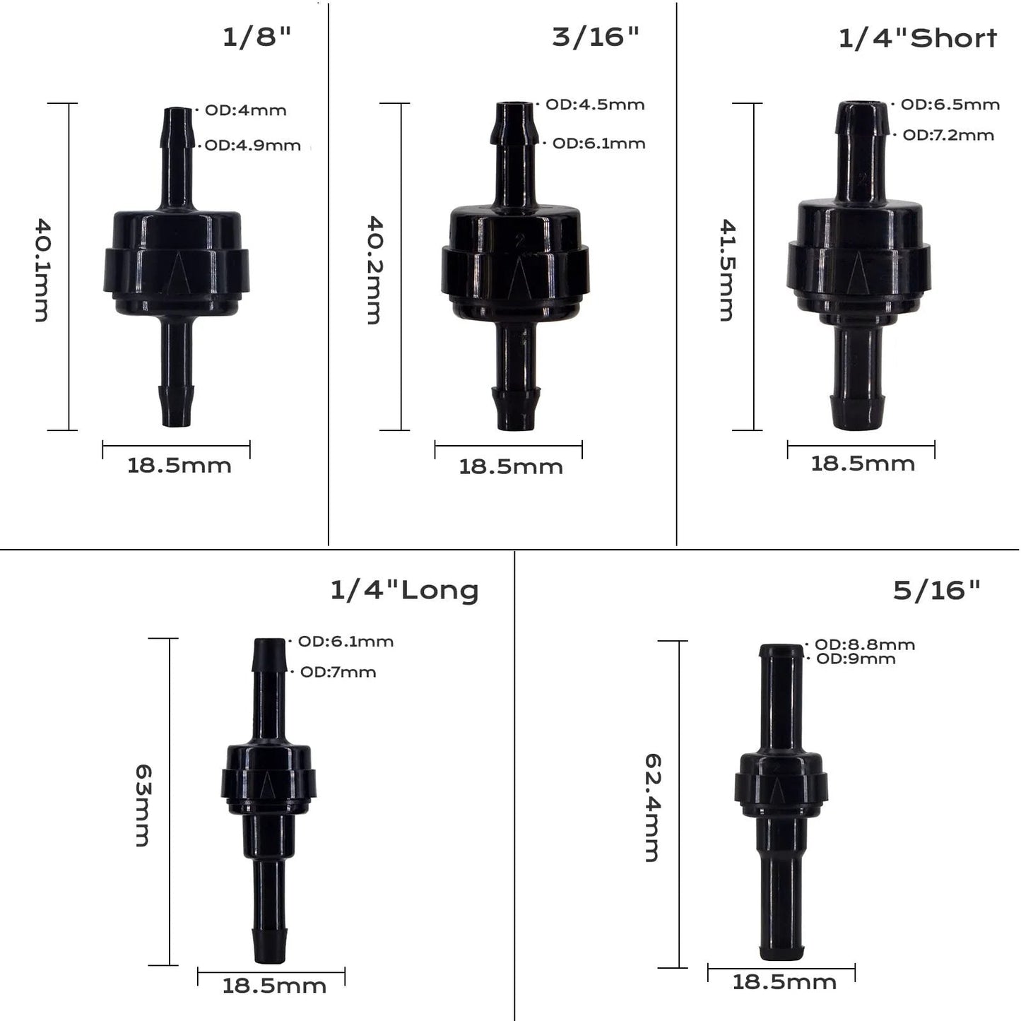 Automotive PA66 Spring Check Valves For High Temp And Corrosion Resistance, Fits 1/8 Inch to 5/16 Inch Hoses, Black, side view