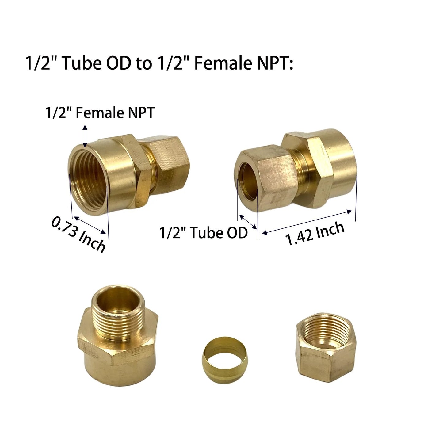 Three Pack Brass Compression Union Connector Set, Half Inch Tube Outer Diameter To Half Inch Female NPT Fittings, Durable Solid Brass Pipe Fittings For Oil, Gas, And Non Potable Water Applications shown in detail with measurements