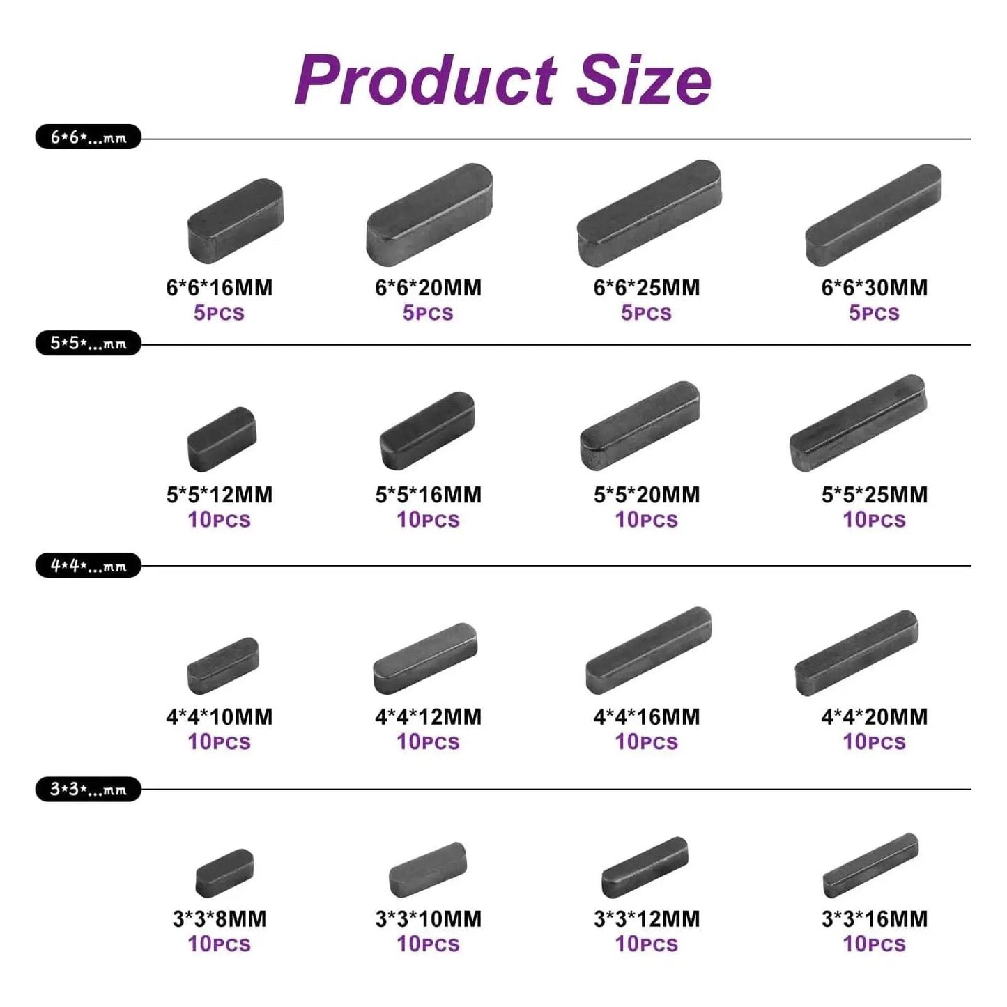 Round Ended Feather Key Set, 140 Pcs Parallel Drive Shaft Keys, Key Stock Assortment for Shaft Keyways, size chart