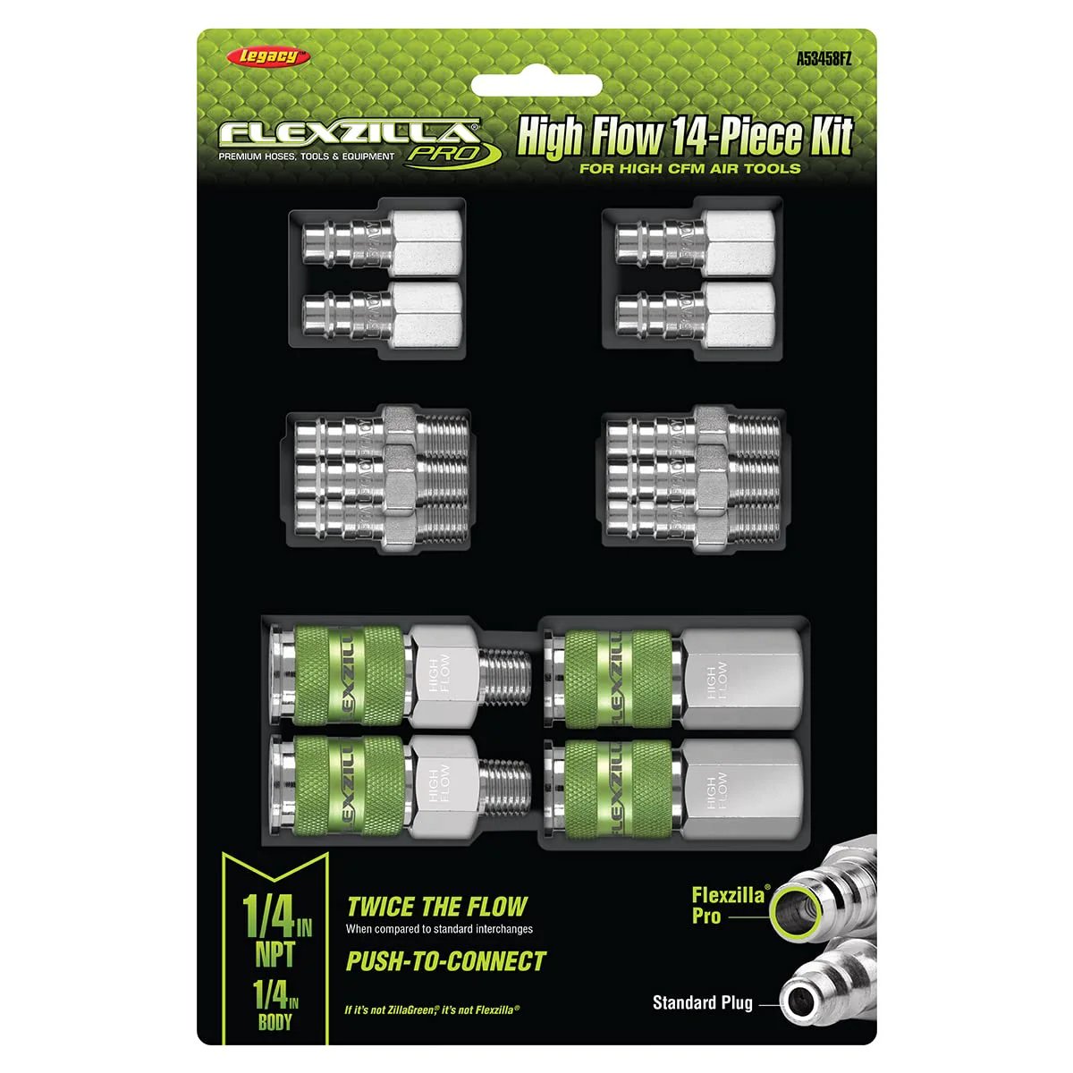Pro High Flow Air Tool Coupler And Plug Kit For Fourteen Piece Set Push To Connect 300 PSI Quarter Inch NPT ZillaGreen Nickel
