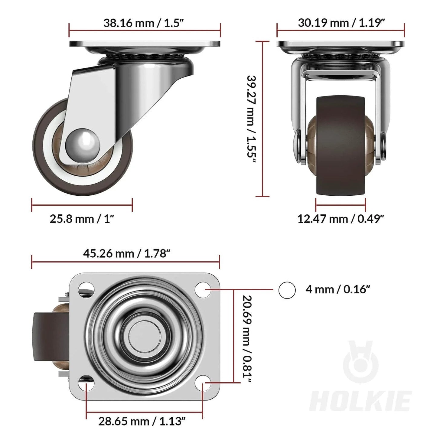 1" Small Caster Wheels for Furniture - Low Profile Casters Set of 4, Total Capacity 90 lbs, Perfect for Nightstand, Side Table, and Small Projects (No Brake) dimensions image.