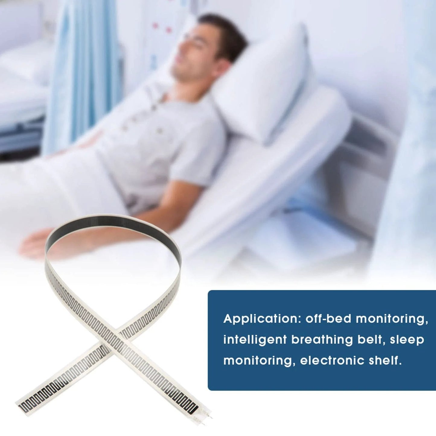 Ultra Thin Film Pressure Sensor Strip SF15 600 10kg shown with applications in sleep and breathing monitoring.