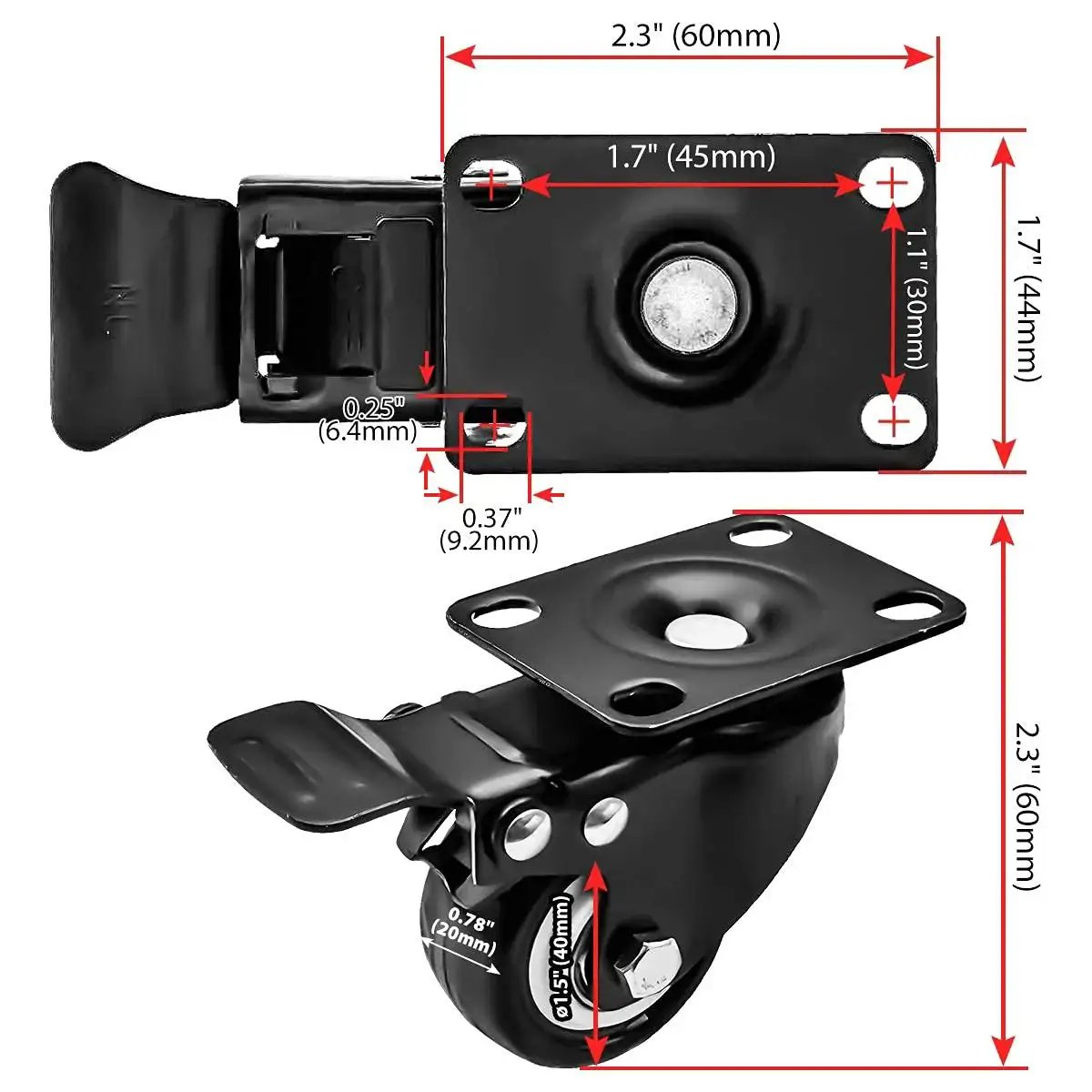 Swivel 1.5 Inch Caster Wheels Rubber Base With Top Plate And Bearing Heavy Duty With Total Lock Brake 12 Pack, measurement diagram