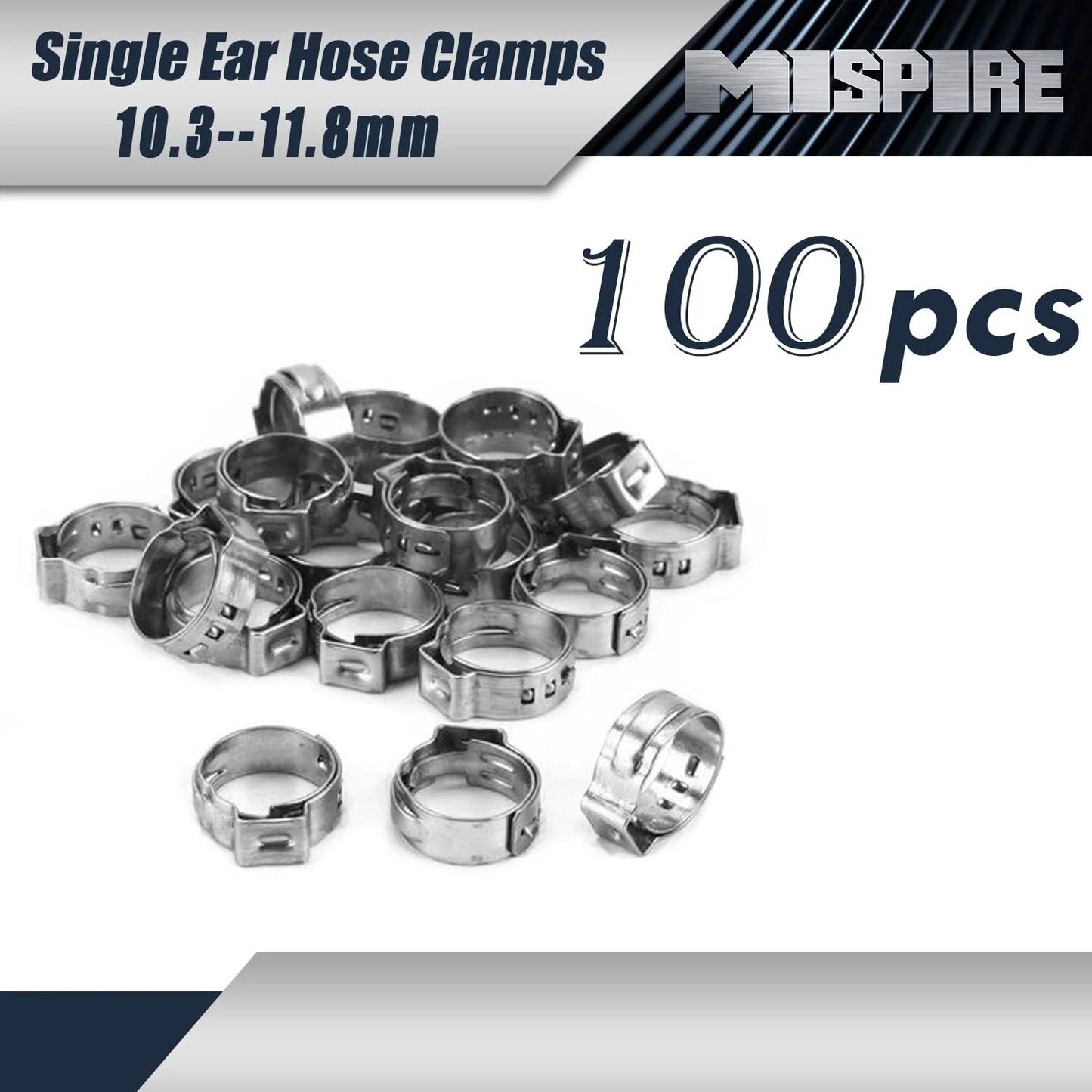 Heavy Duty 10.3-11.8mm Single Ear Crimp Hose Clamps Set, 100-Pack, 304 Stainless Steel from MISPIRE, front view