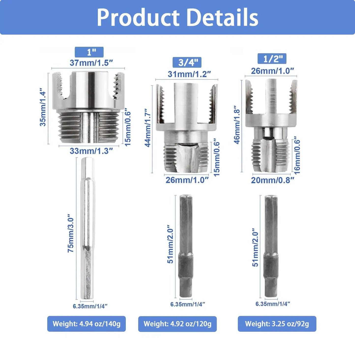 Product details of 2026 New Pipe Tapping And Threading Tool For PVC Pipes One Half Three Quarter And One Inch Sizes Pro Grade Carbon Steel Dual Function Internal And External Threader Compatible With All Electric Drills Fast And Durable All In One Tool including dimensions and weights for each size.