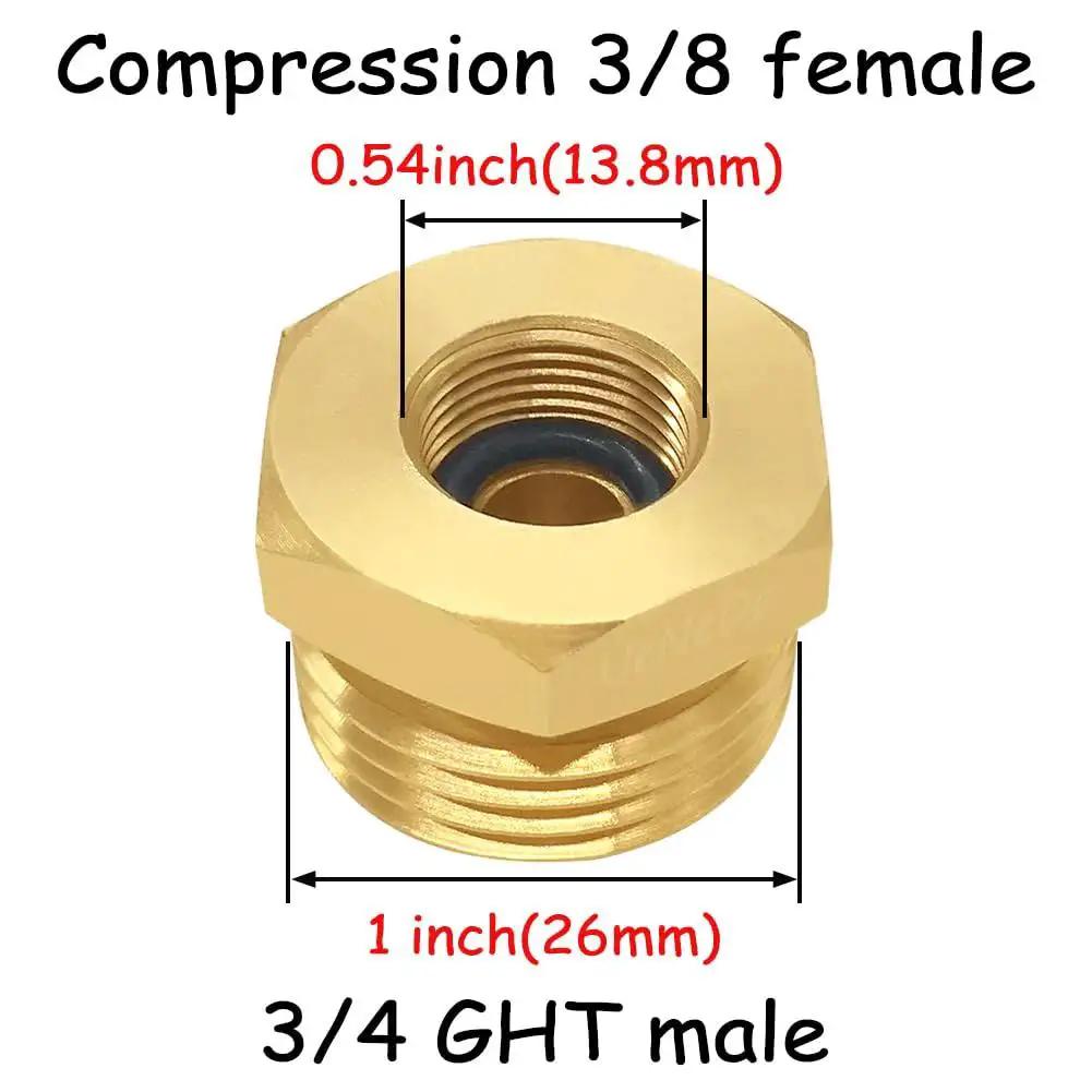 Brass Water Line Adapter 2 Pack Three Quarters GHT Male To Three Eighths Inch Compression Female Reducer Bushing with dimensions.