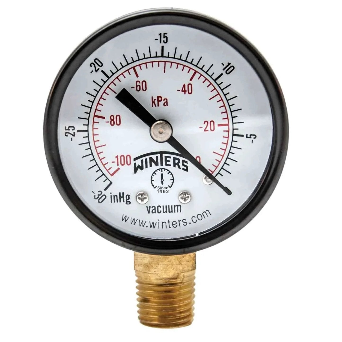 2 Inch Dial Dry Pressure Gauge for General Purpose Use Economy Utility Gauge With Brass Internals and Steel Case Dual Scale Psi And KPa Plus Hg Vacuum KPa 30 Inch Hg To 0 Vacuum 3 2 3 Percent Accuracy One Quarter NPT Bottom Mount