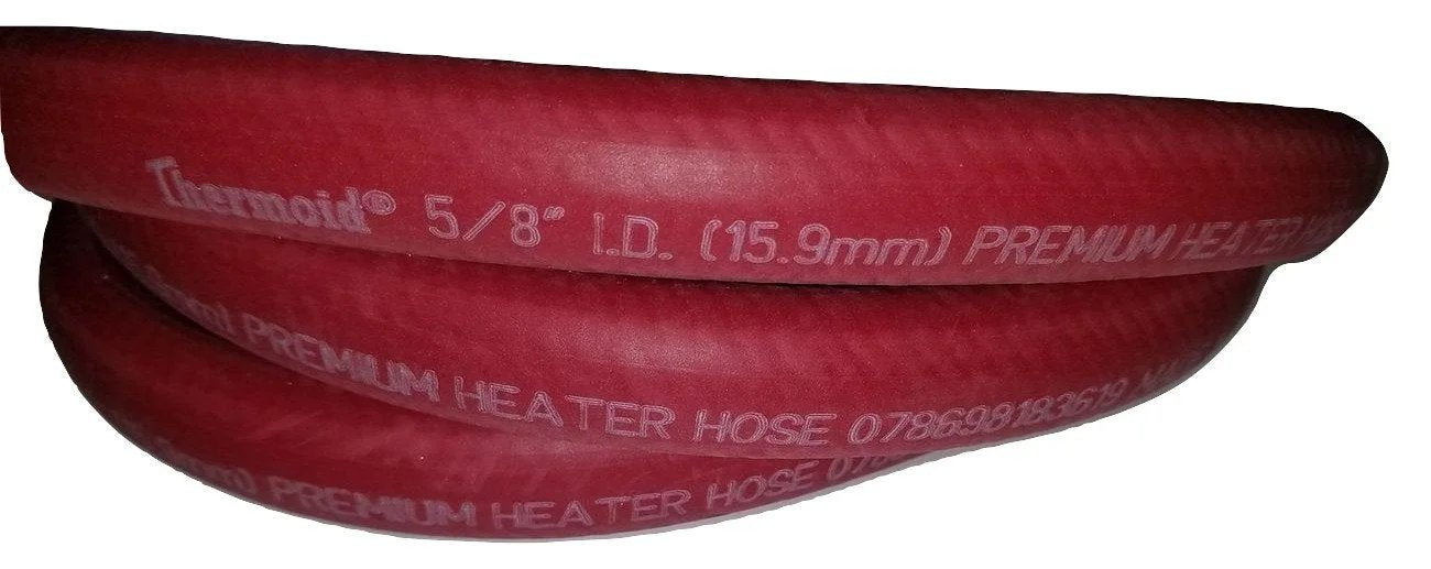 Coiled view of Premium 6 Foot Heater Hose Five Eighth Inch Inside Diameter EPDM Red Rubber For Cars Trucks Tractors And Small Engines With Nitrile Tube Two Spiral Polyester Reinforcement And PVC Nitrile Blend Cover Made In USA.