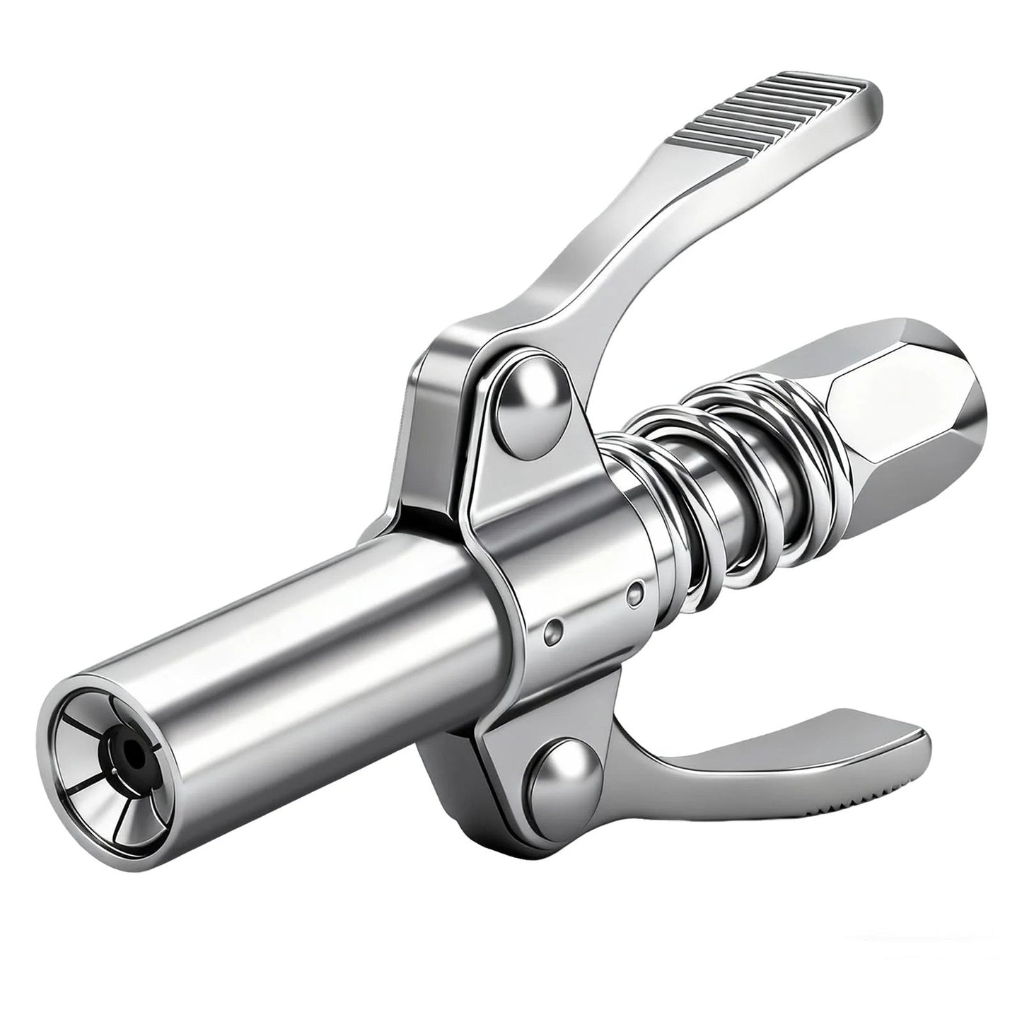 12000 PSI High Pressure Grease Gun Coupler With Beefy Dual Handle Lock On Head One Eighth Inch NPT Universal Fit For Standard And Metric Zerk Fittings Leak Proof For Automotive Truck And Tractor