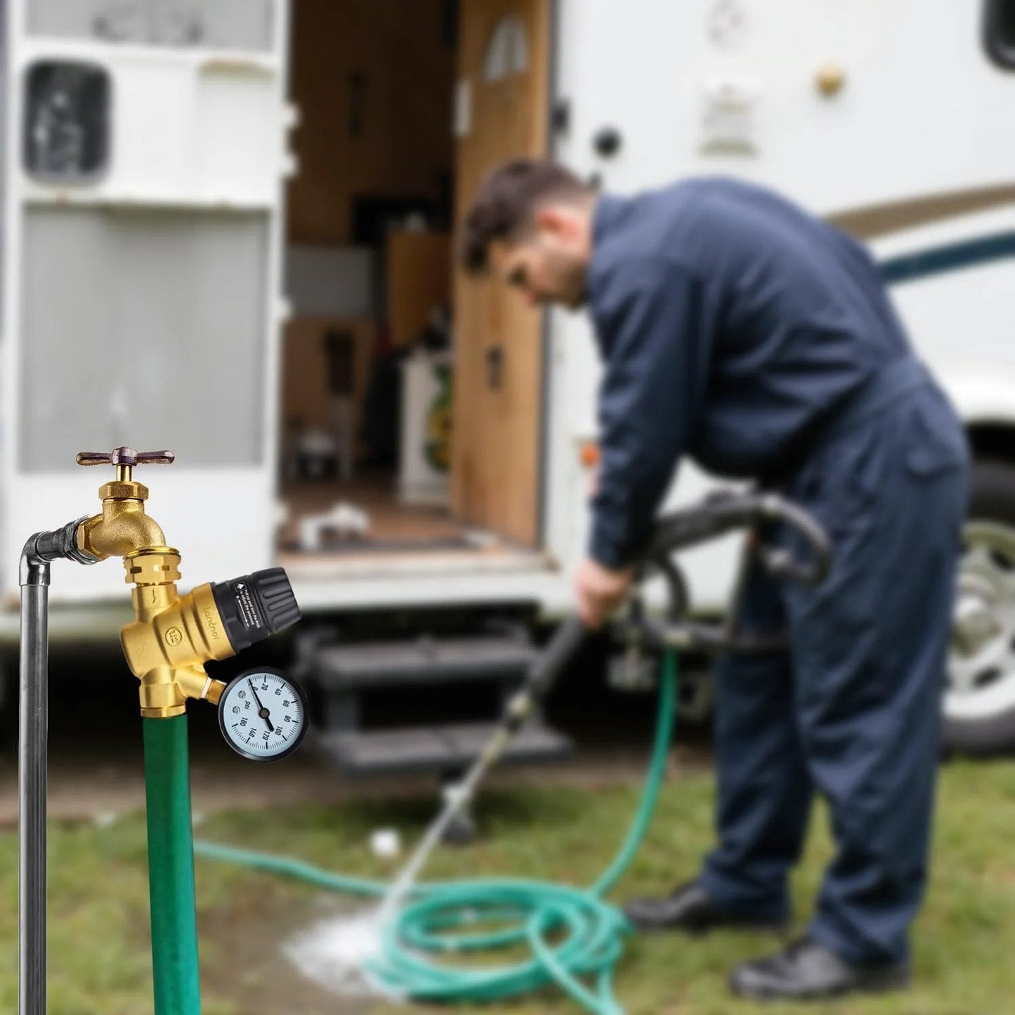 Adjustable RV Water Pressure Regulator Valve With Gauge And Inlet Screen Filter Brass Lead Free No Tool Required must have for camper travel trailer and RV plumbing protection great for any road trip.