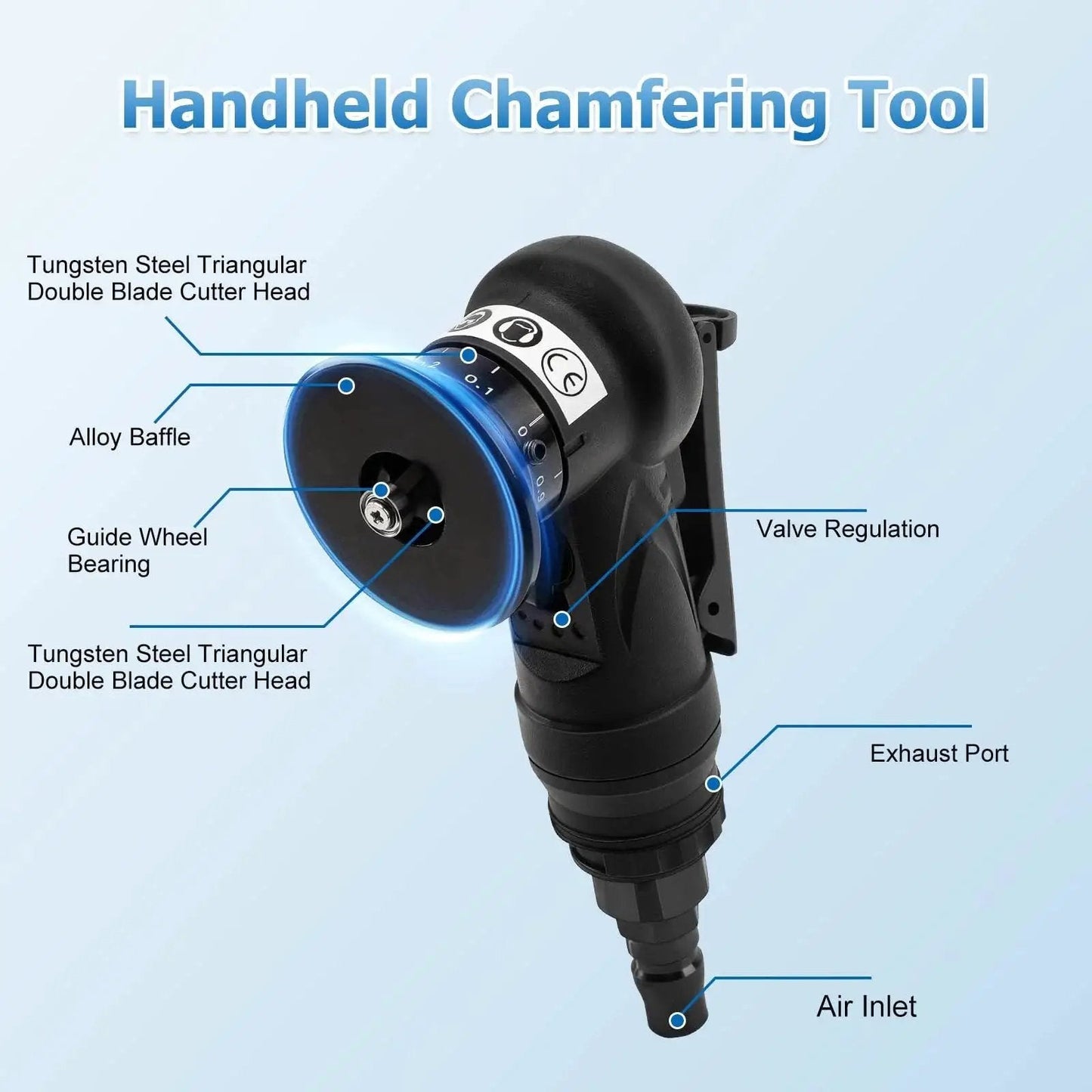 Mini Pneumatic Chamfering Tool Handheld 45 Degree Beveler For Metal And Wood Tile Edge Chamfering And Deburring Tool Durable C And R Angle Blades Portable Air Tool Kit For Precise Accuracy showing blade and features.