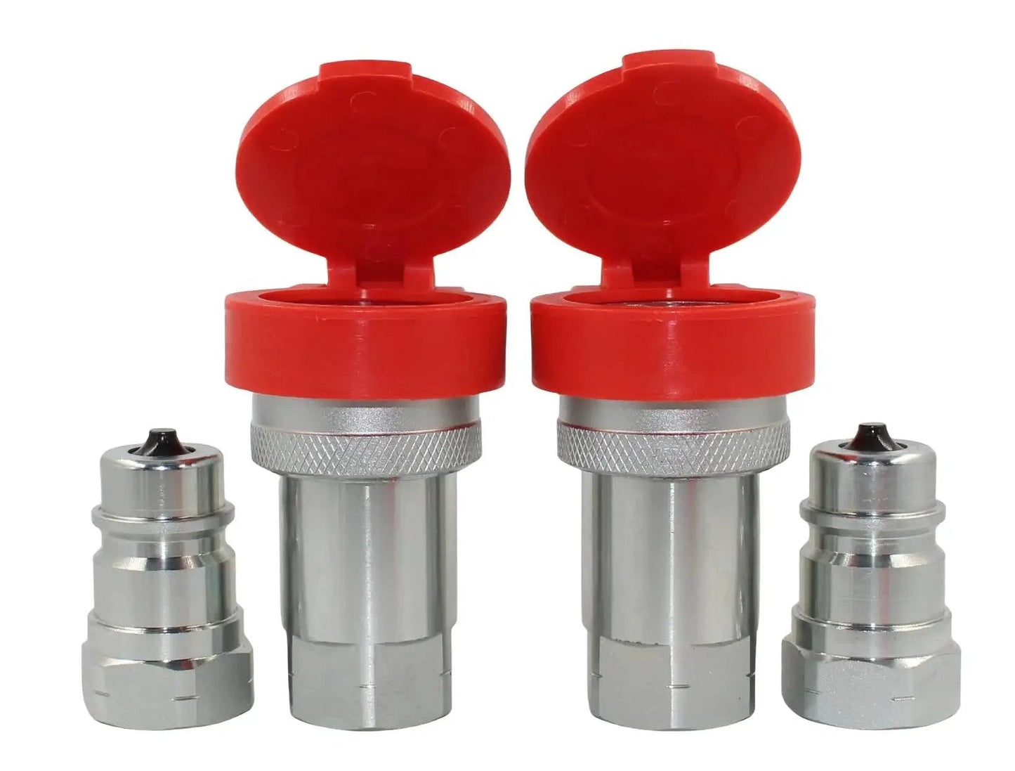 Half Inch Ag Hydraulic Tractor Quick Connect Couplers Set With Red Dust Caps, ISO7241-1A ISO5675 LSQ-S1-04, shown with caps open