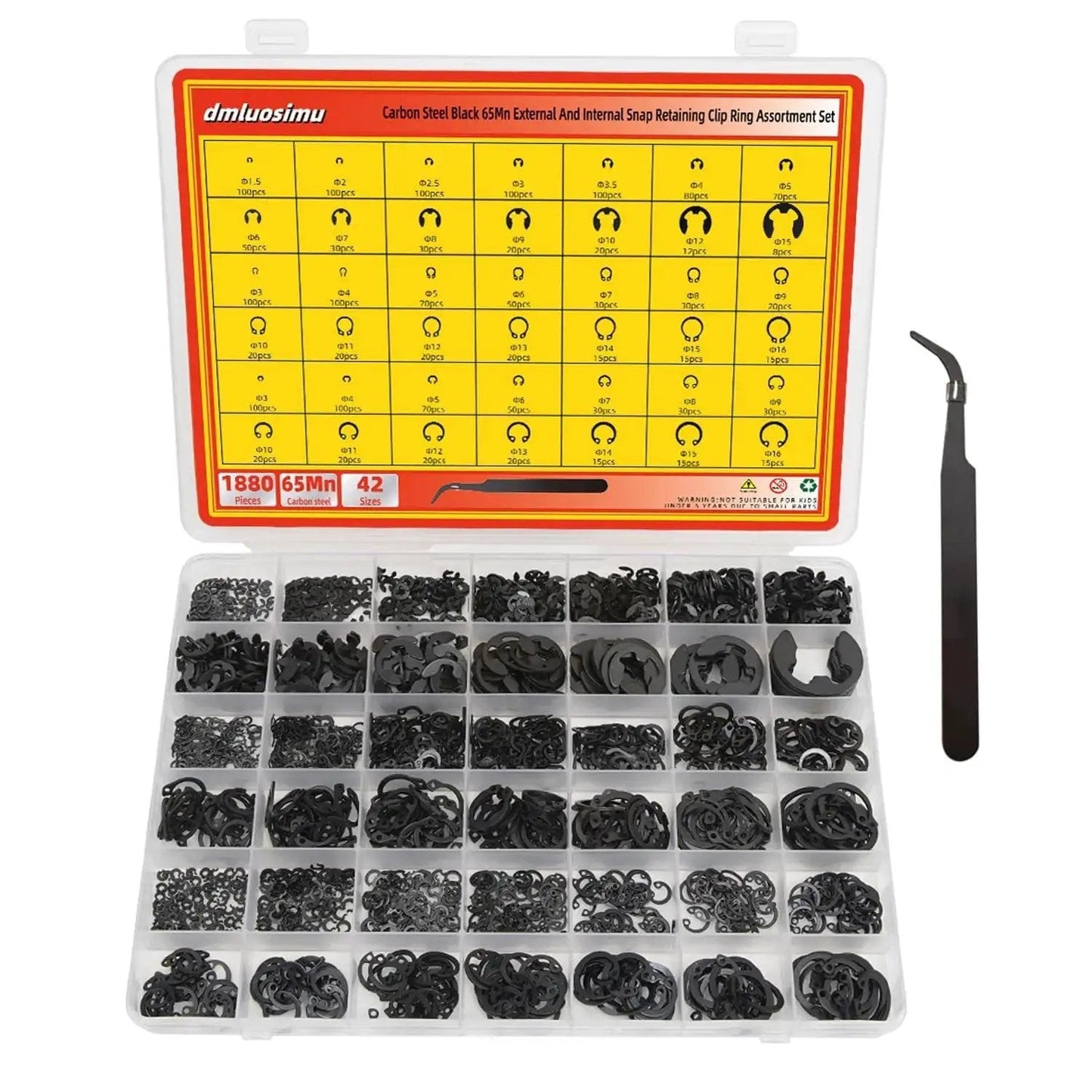 65Mn Carbon Steel Retaining Ring Kit 1880 Piece All In One E Clips Hole Rings And Shaft Rings Internal External Circlips set in box