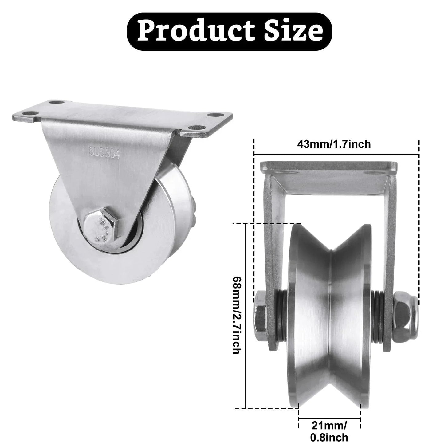 Product size of Large 68mm V Groove Pulley Wheel With 304 Stainless Steel Silent Pulley Block And Duplex Bearings, side and front view