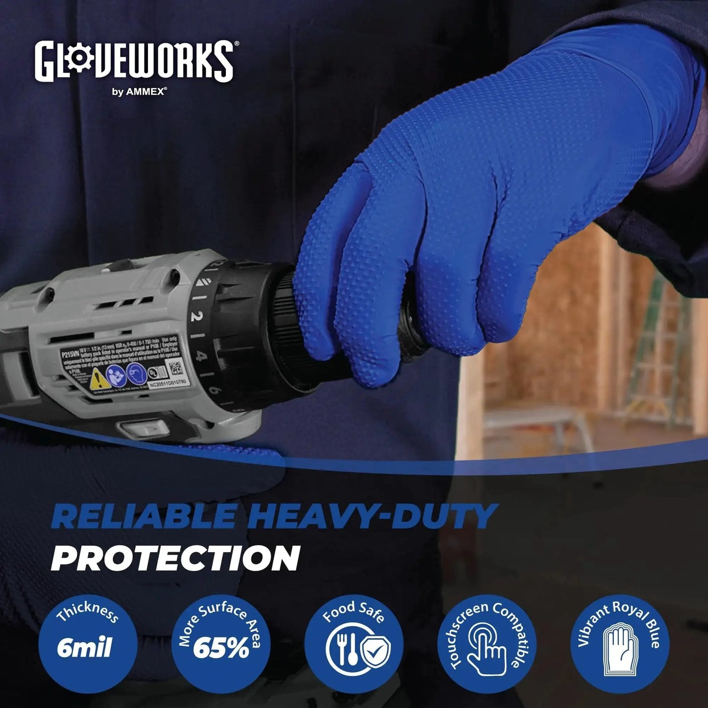 Person wearing Nitrile Disposable Gloves 6 Mil Latex Free Diamond Texture XX-Large using a power tool, emphasizing grip and protection