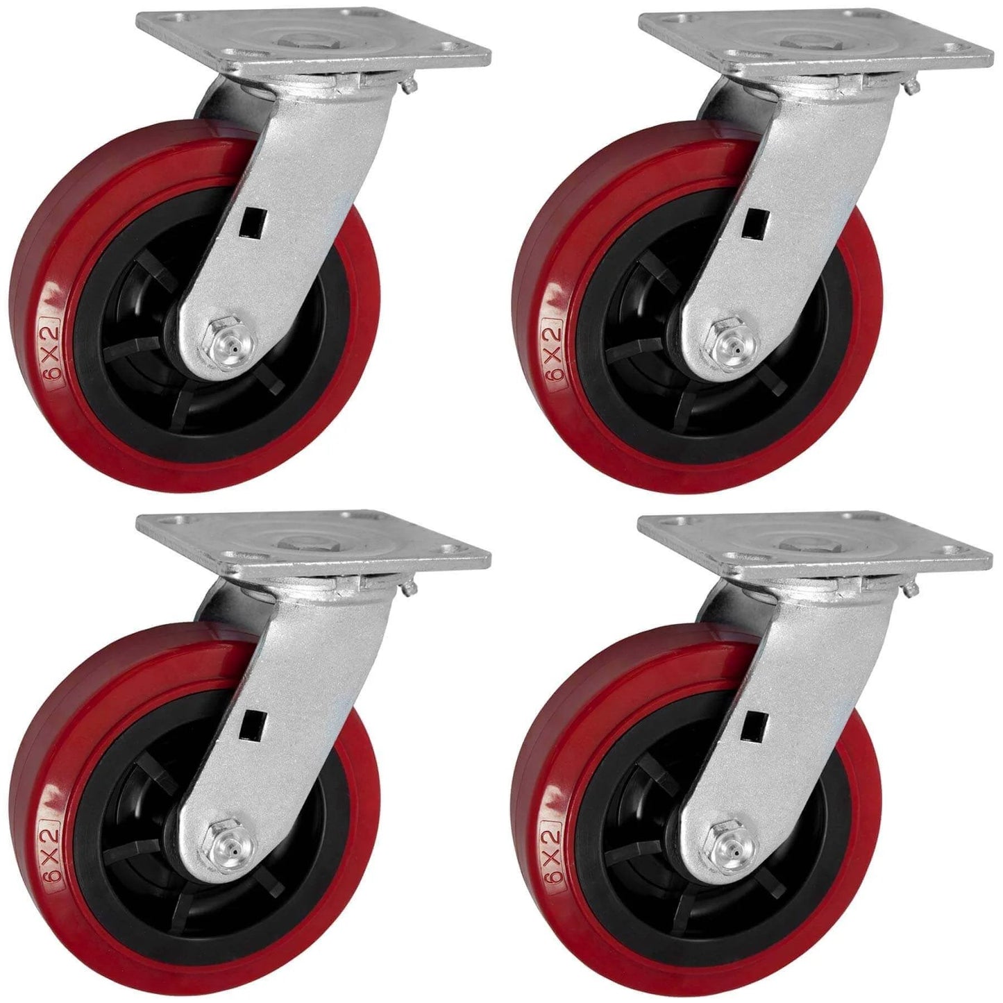 6 inch x 2 inch polyurethane non marking heavy duty swivel casters with red industrial wheels, 4 pack rated for 3600 lb total load capacity