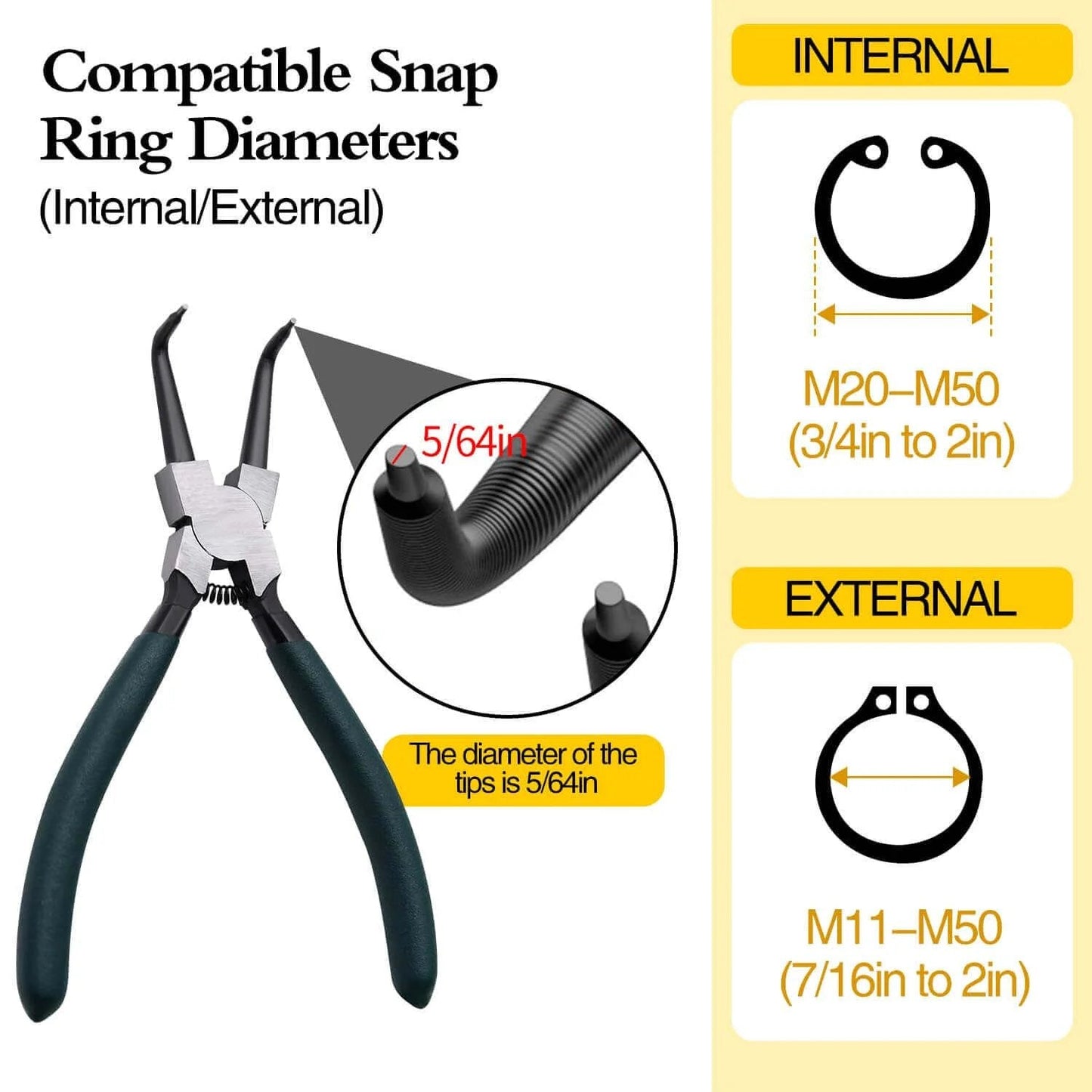 7 inch snap ring pliers set 4 pcs internal & external straight and bent jaw with compatible diameters diagram
