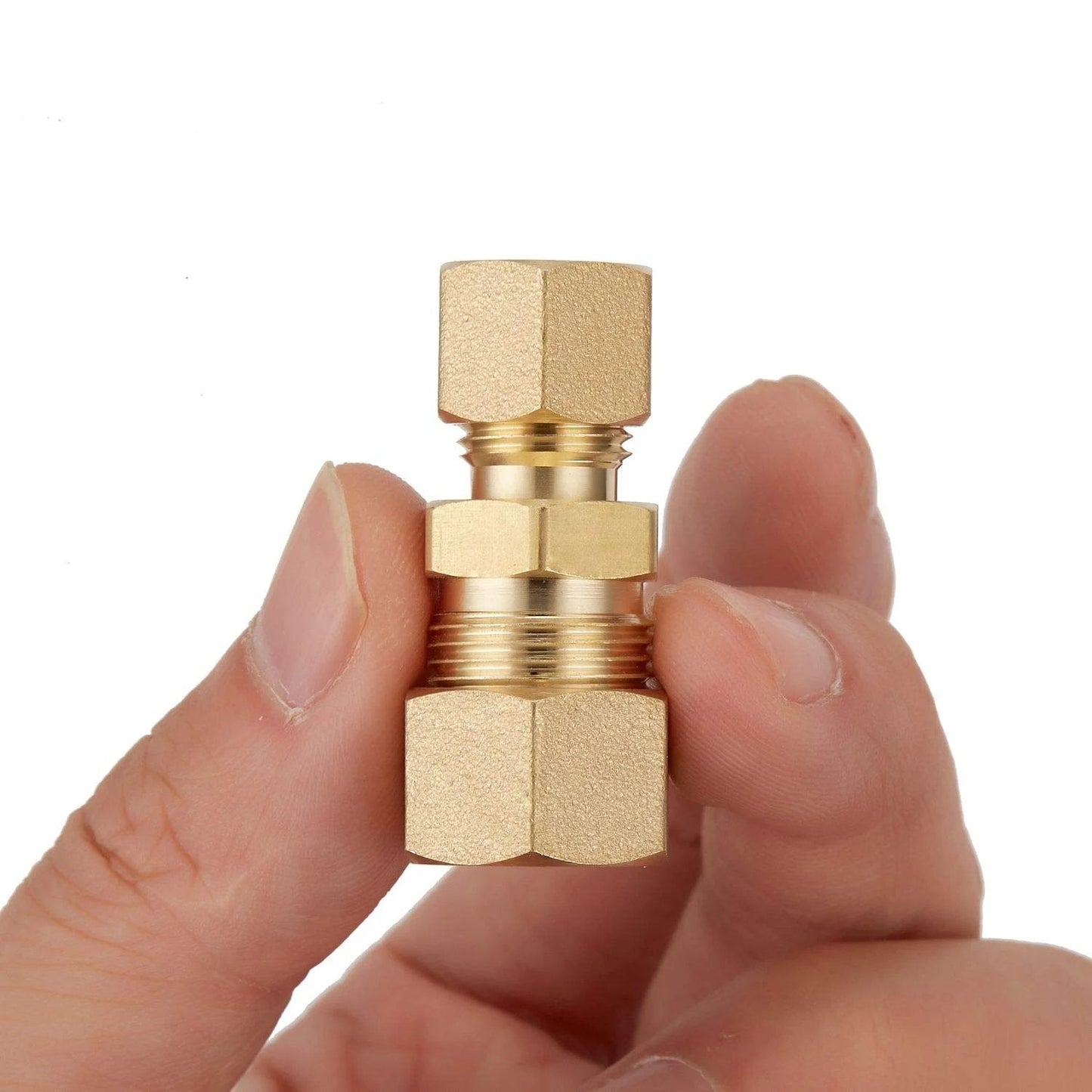 Close-up of Tough As Nails Brass Tube Fitting Kit For Fuel And Brake Lines Compression Union Three Eighths Inch To One Quarter Inch Tube