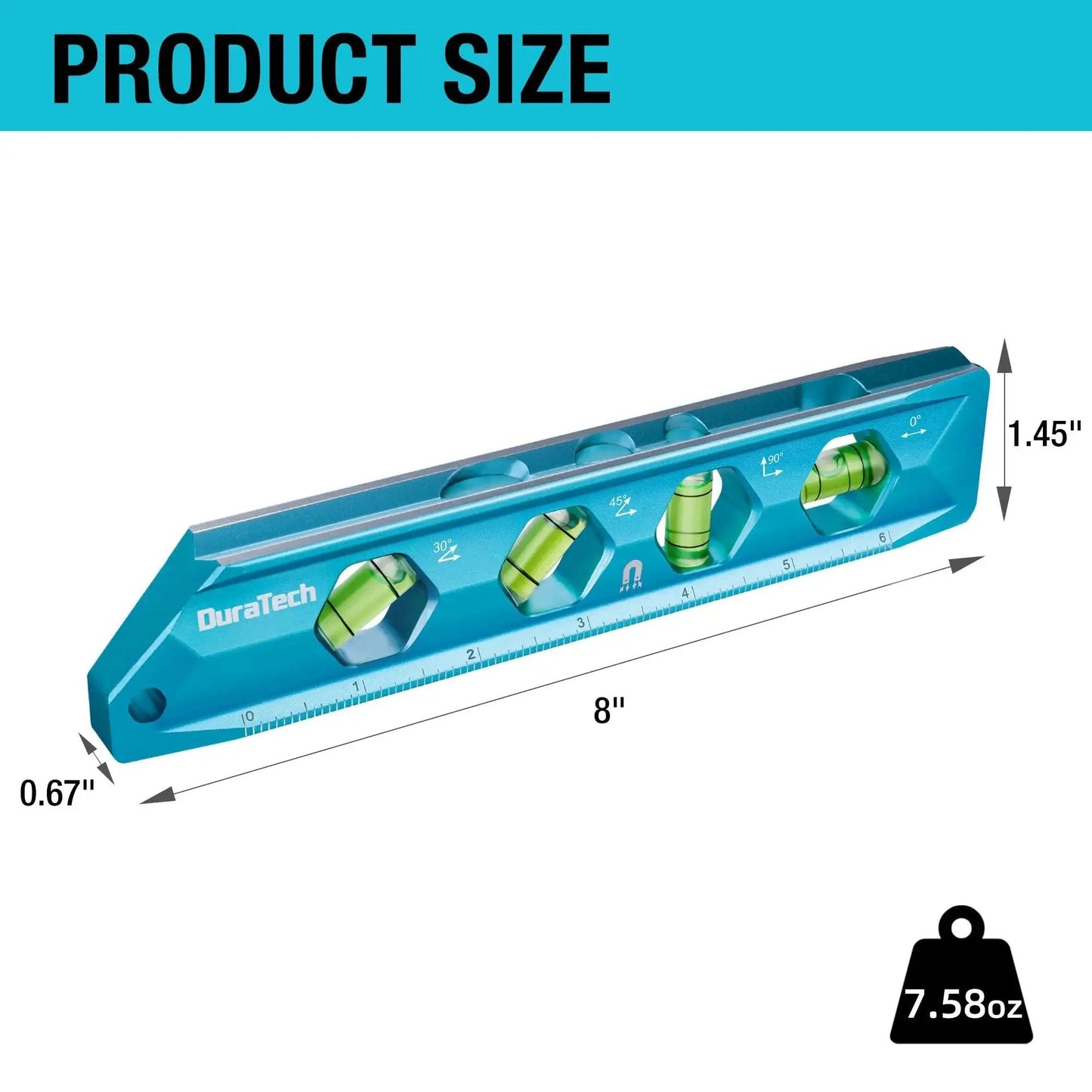 High Visibility 8 Inch Magnetic Torpedo Level With Four Bubbles 0 Degree 30 Degree 45 Degree And 90 Degree V Groove Large Viewing Window Aluminum Alloy Body Hanging Hole SAE And Metric Scale For DIYers And Home Projects Duratech